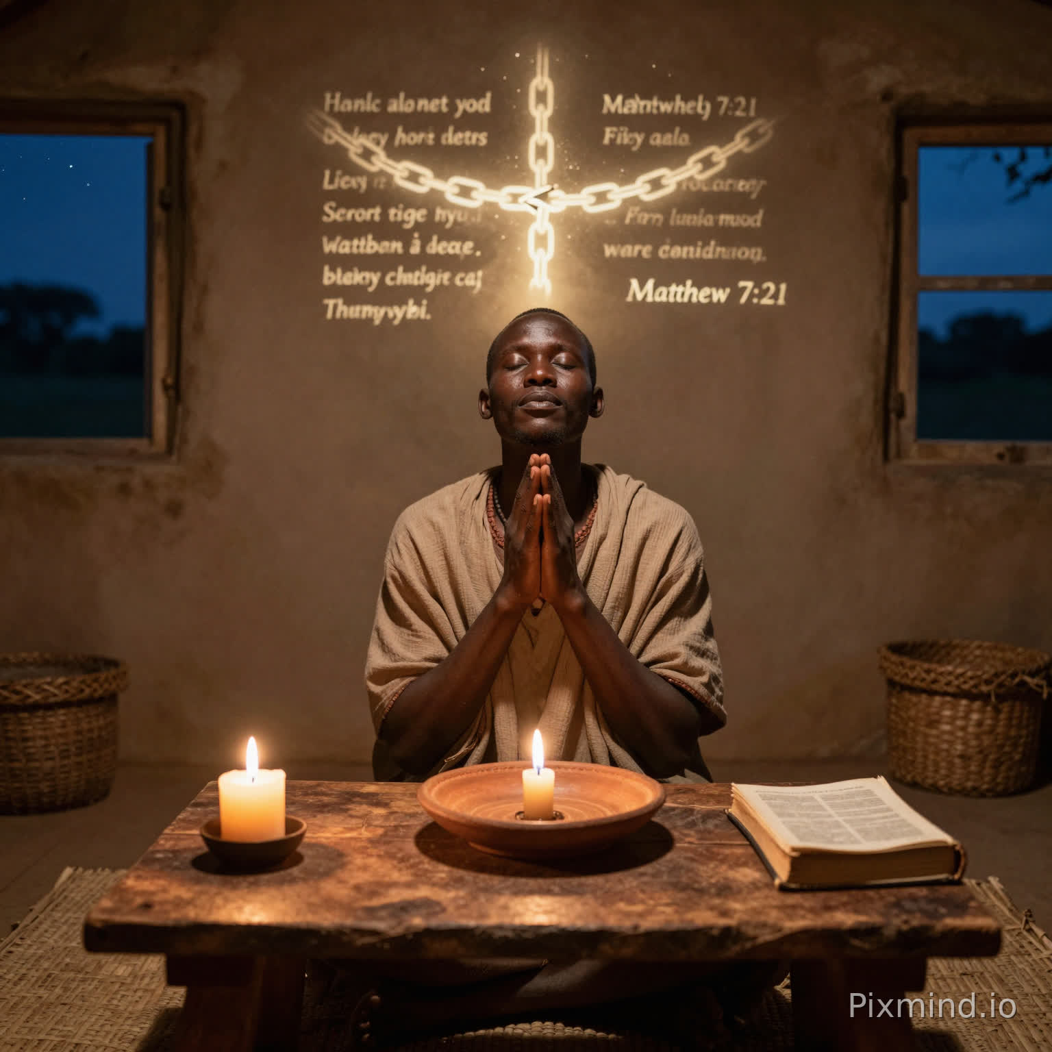 Fasting Commitment Prompt
A poignant, symbolic scene of a Black East African believer in humble prayer pose, seated at a rustic wooden table in a dimly lit Kenyan hut at twilight, staring intently at an empty clay plate symbolizing voluntary fasting and sacrifice for deeper communion with God. Soft candlelight flickers across his resolute face—closed eyes uplifted in ecstasy, hands folded in supplication, faint heavenly glow emanating from above outlining a breaking chain of hunger, with subtle Bible verses like Matthew 7:21 etched in light on the wall behind. Sparse room details: woven mat, single candle, open Bible; outside window shows starry night sky representing spiritual clarity. Photorealistic with warm earth tones, high emotional intensity, vertical 9:16 for TikTok