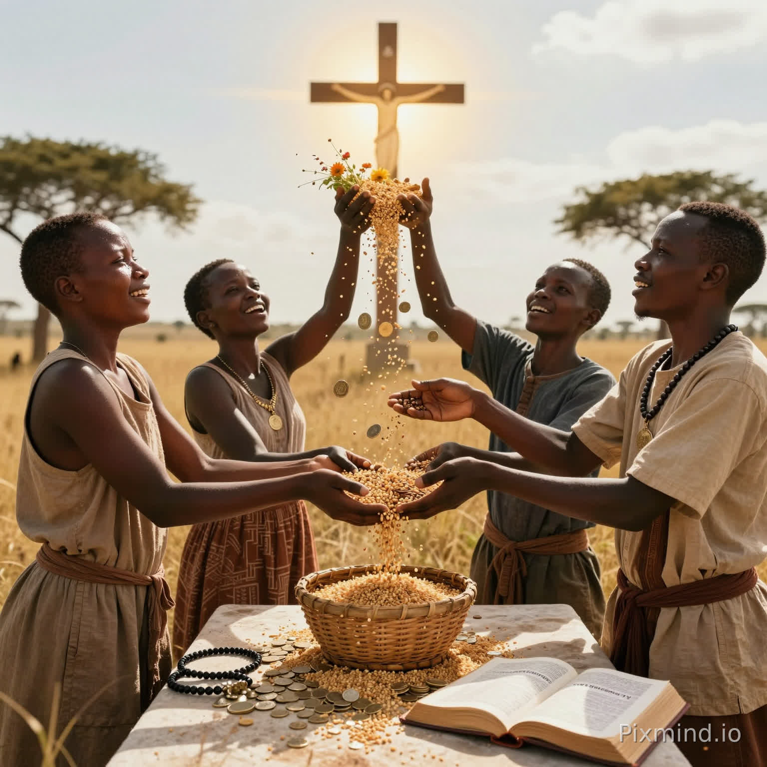 Sacrificial Giving Prompt
An evocative, high-drama image of a devoted Black Kenyan family in simple attire, standing at a sunlit church altar outdoors amid golden savanna grasslands, joyfully pouring out overflowing handfuls of harvest grains, coins, and a treasured family heirloom necklace into a communal basket as an act of radical sacrificial giving to God. Their faces radiate triumphant peace—tears of release, eyes locked on a radiant cross in the sky where divine hands receive the offering, transforming it into blooming flowers and multiplying loaves symbolizing heavenly return. Warm sunlight casts long shadows, Bible open to 2 Corinthians 9:7 nearby, dynamic composition with motion blur on falling gifts. Photorealistic, vibrant earth tones with golden highlights, vertical 9:16 aspect ratio for inspirational social media posts.