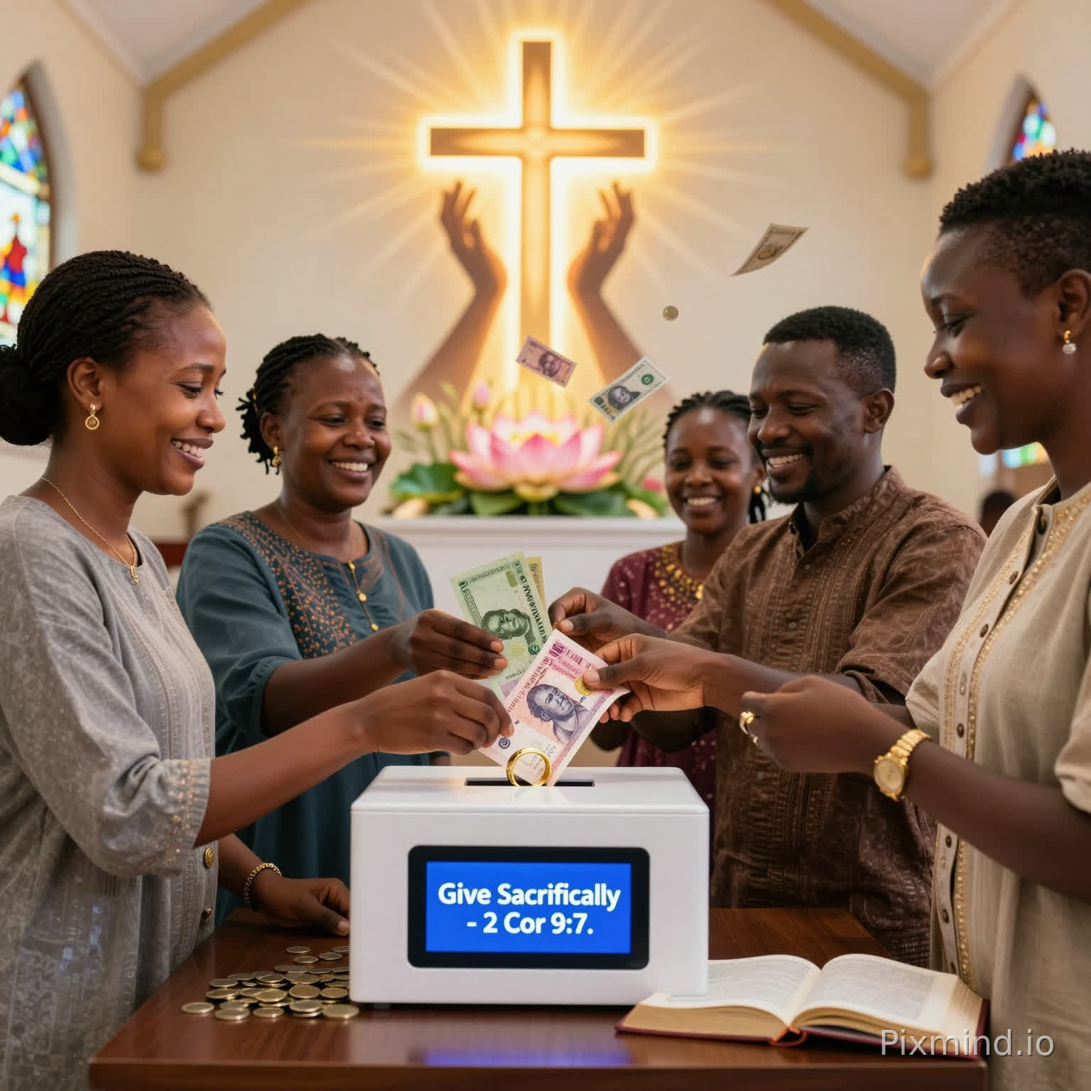 Modern Sacrificial Giving Prompt
A powerful, uplifting scene of a faithful Black Kenyan family in modest modern attire, gathered at a sleek church offering station under bright sanctuary lights, joyfully placing crisp Kenyan shilling notes, coins, and a cherished gold wedding band into a contemporary digital giving box with LED screen displaying "Give Sacrificially - 2 Cor 9:7." Their expressions beam with liberated joy—smiling through tears of surrender, eyes fixed on a glowing cross projection above where heavenly hands multiply the gift into cascading blessings like blooming lotuses and abundant harvest. Dynamic motion blur on the falling money, open Bible beside the box, Nairobi church interior with stained glass hints in background. Photorealistic, vibrant warm tones with golden divine glow, vertical 9:16 aspect ratio for social media evangelism.