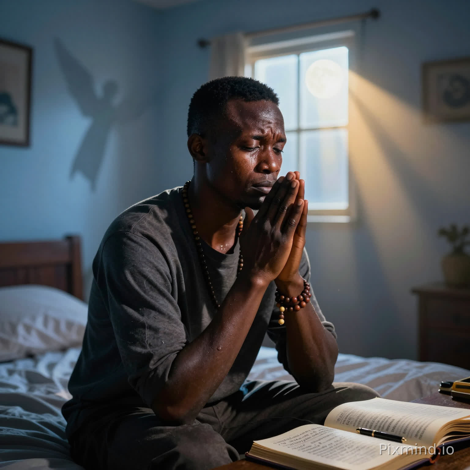 Intense Prayer Prompt
A gripping close-up portrait of a passionate Black Kenyan prayer warrior—strong features, sweat-beaded brow furrowed in fervent intercession—kneeling in a modest Nairobi bedroom at midnight, hands clenched skyward as rays of ethereal divine light pierce through a small window, illuminating his tear-streaked face locked in unwavering communion. Faint prayer journal open nearby with scribbled scriptures like 1 Thessalonians 5:17 "Pray without ceasing," prayer beads gripped tightly, soft moonlight casting shadows that form angelic outlines on the walls symbolizing answered persistence. Intense photorealistic style, dramatic chiaroscuro lighting with cool blues transitioning to warm heavenly golds, vertical 9:16 aspect ratio for powerful Instagram Reels or TikTok devotionals.