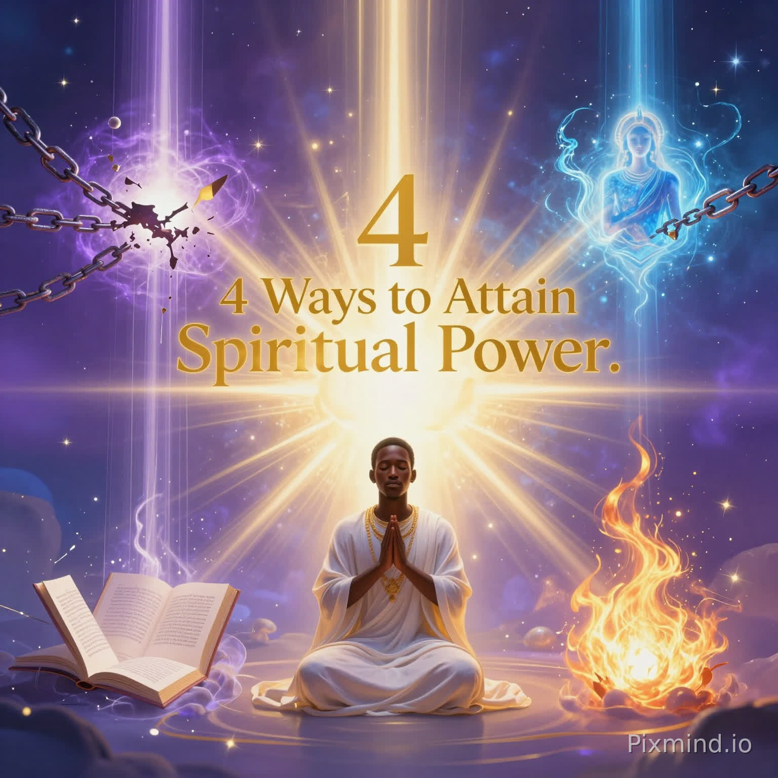 Spiritual Power Image Prompt
A mesmerizing ethereal composition in radiant spiritual colors—vibrant amethyst purples, celestial golds, serene sapphire blues, and luminous pearl whites—featuring four symmetrical glowing quadrants converging on a kneeling Black East African disciple bathed in divine light, symbolizing pathways to profound spiritual strength. Each quadrant pulses with transformative energy: upward beams, breaking chains, cascading blessings, and fiery scriptures, all unified in harmonious divine aura. Centered elegant golden script boldly proclaims: "4 Ways to Attain Spiritual Power." Mystical photorealistic style with high-contrast glows and soft gradients, vertical 9:16 aspect ratio for striking social media devotionals