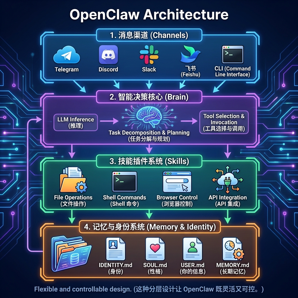 OpenClaw 的架构分为四层:
1. 消息渠道(Channels):Telegram、Discord、Slack、飞书、CLI 等多种接入方式
2. 智能决策核心(Brain):LLM 推理、任务分解与规划、工具选择与调用
3. 技能插件系统(Skills):文件操作、Shell 命令、浏览器控制、API 集成等
4. 记忆与身份系统(Memory & Identity):一组 Markdown 文件——IDENTITY.md(身份)、SOUL.md(性格)、USER.md(你的信息)、MEMORY.md(长期记忆)等
这种分层设计让 OpenClaw 既灵活又可控。