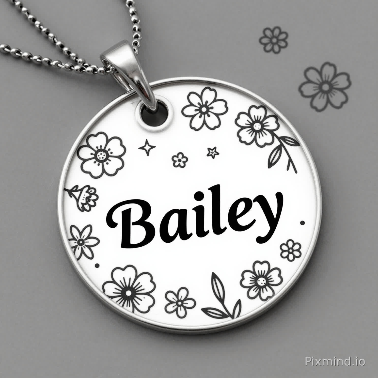 Help me generate an image: Please generate a dog tag laser engraving template, the dog's name is "Bailey". The template is circular with a diameter of 3 cm. The pattern includes falling flowers of different sizes scattered in the background, with the name "Bailey" placed in the center in an elegant font. All elements are black lines, suitable for laser engraving.