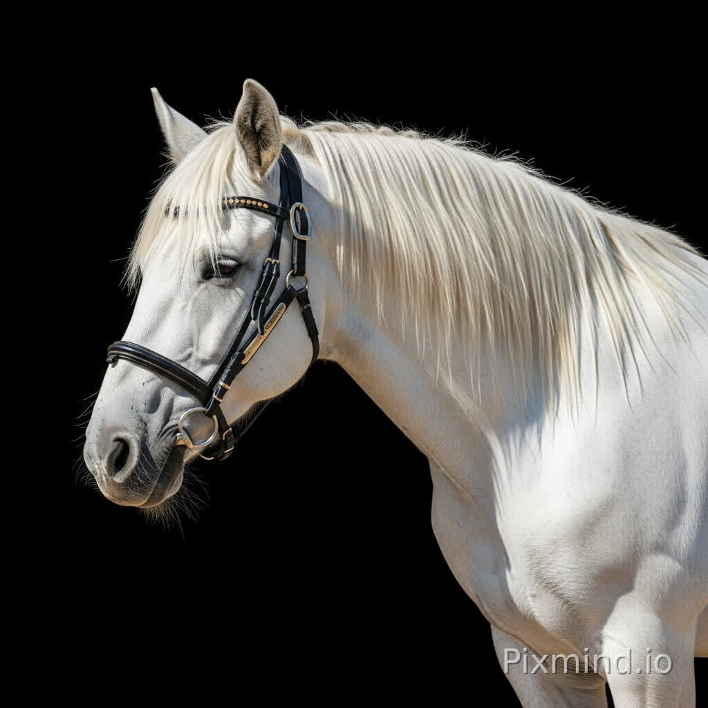 um cavalo totalmente branco grande, forte, com crinas grandes. com listras pretas iguais as das zebras. cavalo está parado, de lado, fundo preto neutro, sem detalhes na imagem, sem objetos, sem outros animais. somente o cavalo.