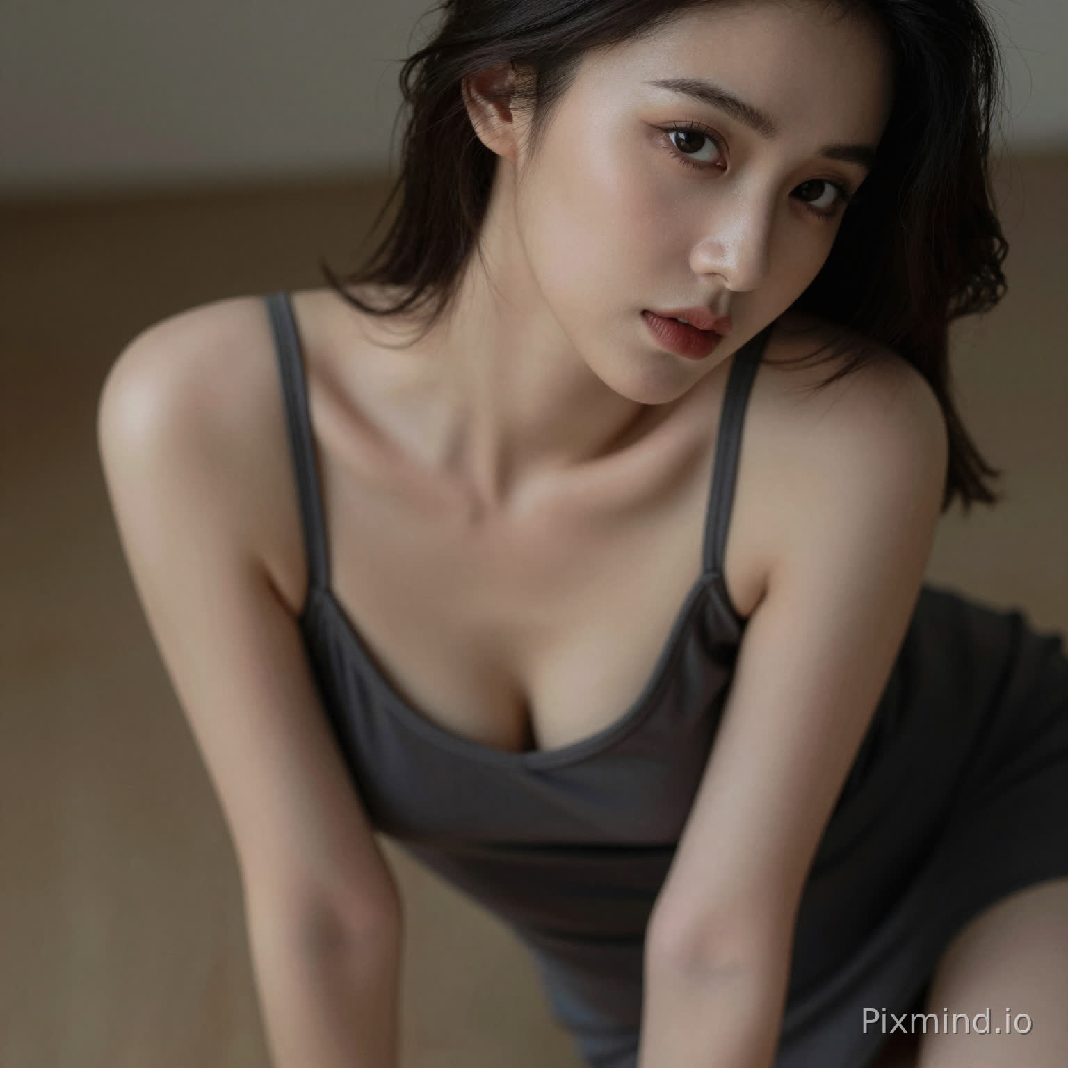 A sensual woman leaning slightly forward, deep neckline dress, subtle cleavage, inviting gaze, soft focus background, intimate framing, realistic skin highlights, moody lighting, editorial sensual photography