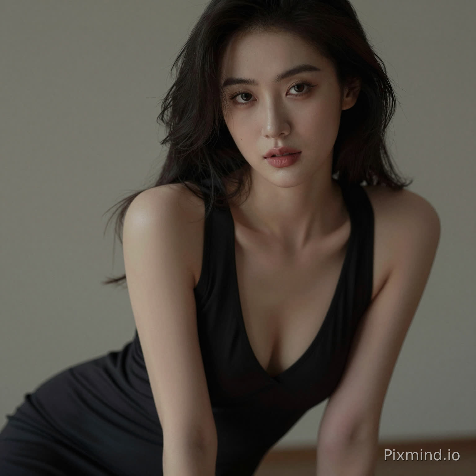 A sensual woman leaning slightly forward, deep neckline dress, subtle cleavage, inviting gaze, soft focus background, intimate framing, realistic skin highlights, moody lighting, editorial sensual photography