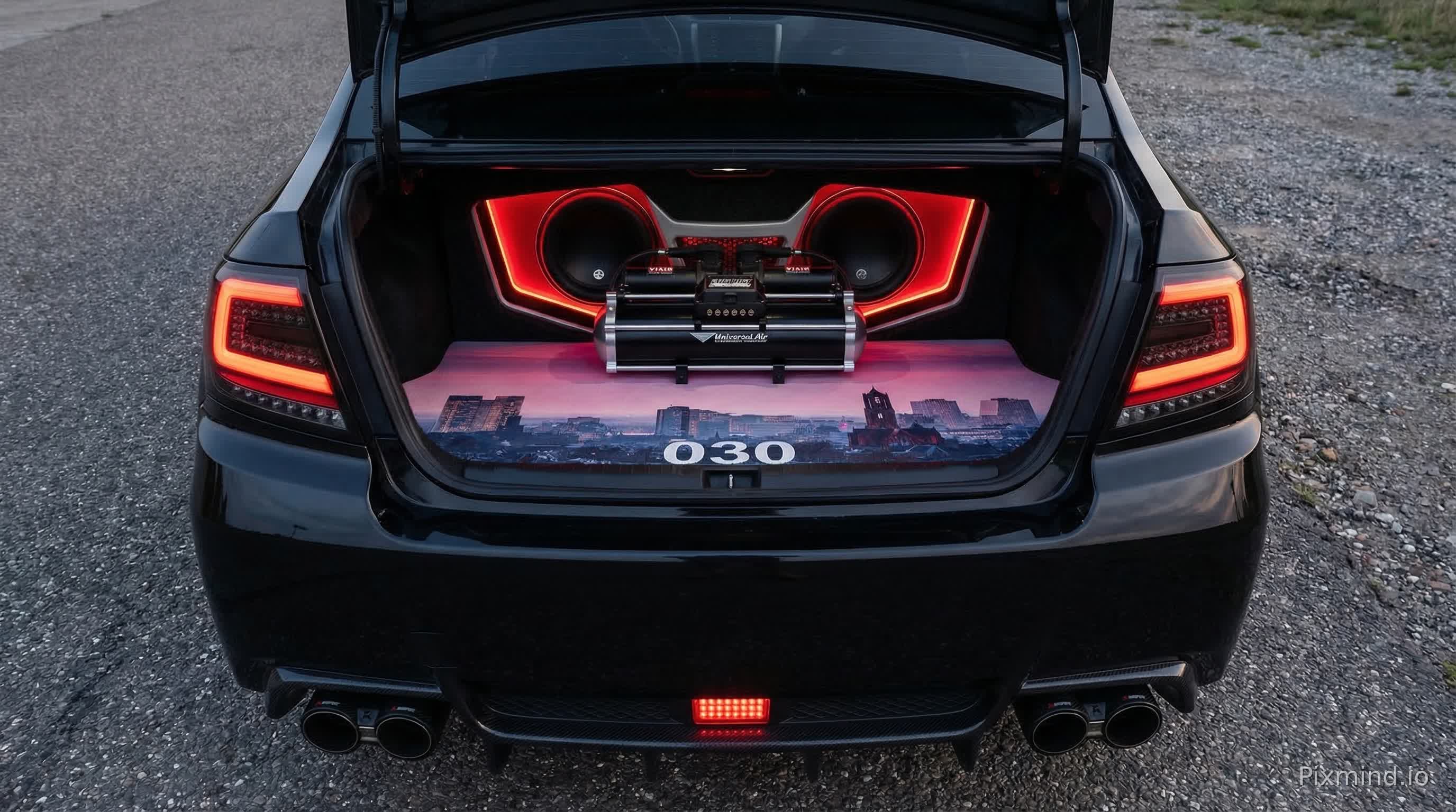 generate me an image of a black 2011 subaru impreza wrx sedan trunk, include a subwoofer system with red LED lights installed, change the rear lights to more modern ones, include a diffuser with carbon fiber akrapovic exhausts, and include in the middle of trunk a air suspension system, the trunk floor is a stitched painting of a city skyline with white text that says: 030