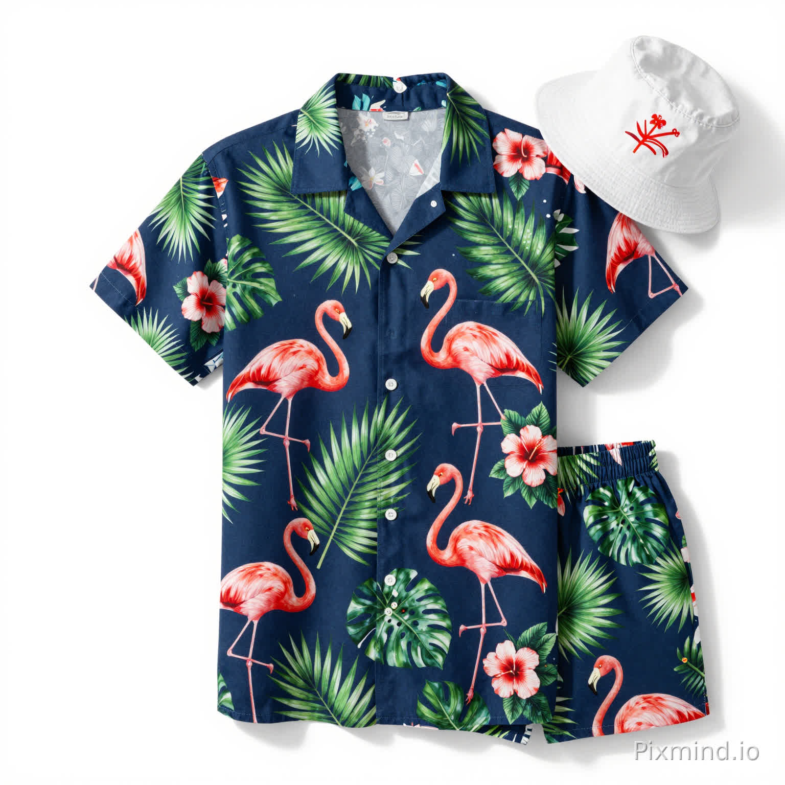 Generate a Hawaiian shirt (including shirt, shorts, and a bucket hat). The shirt features flamingos, various palm leaves (areca palm, monstera, fan palm), hibiscus, and other elements. The background color is navy blue.