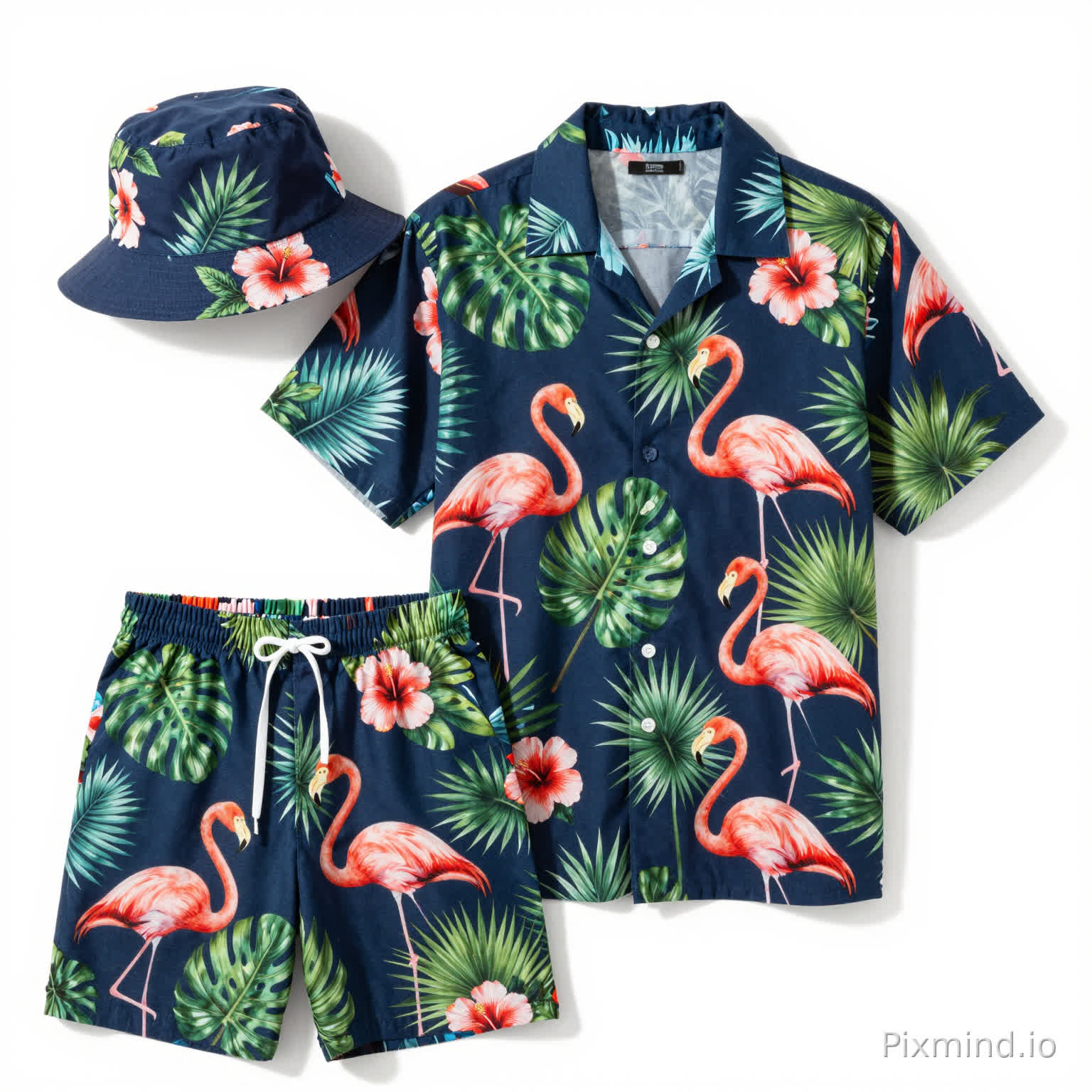 Create a Hawaiian shirt (including shirt, shorts, and a bucket hat). The entire outfit uses a deep navy blue base to create a sophisticated retro island vibe. The print incorporates lively flamingos, vibrant hibiscus flowers, and rich layers of tropical greenery—flowing areca palms, uniquely shaped monstera, and graceful fan-leaf palms—the elements interwoven to recreate the romantic charm of the Hawaiian coast.