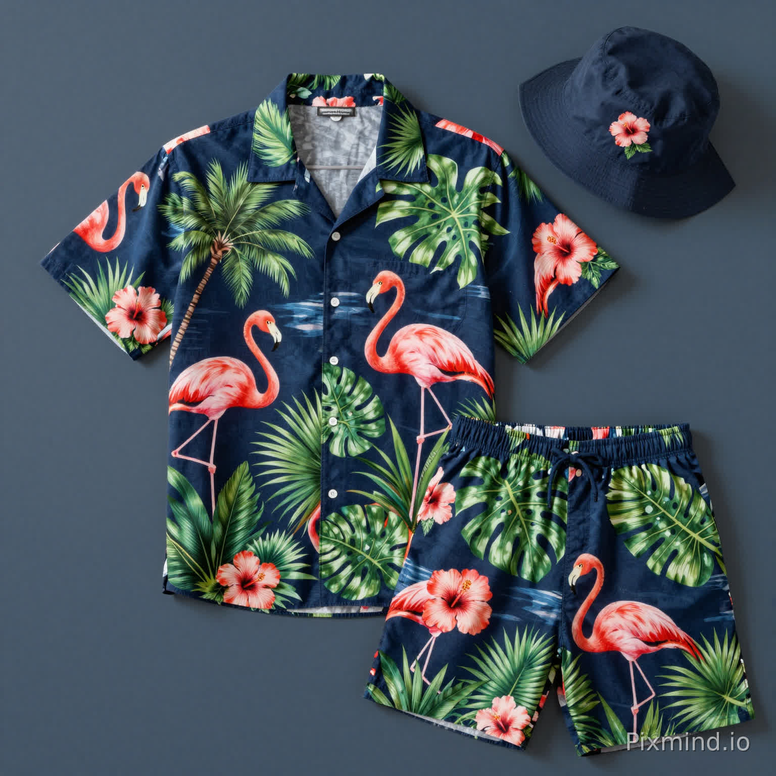 Create a Hawaiian shirt (including shirt, shorts, and a bucket hat). The entire outfit uses a deep navy blue base to create a sophisticated retro island vibe. The print incorporates lively flamingos, vibrant hibiscus flowers, and rich layers of tropical greenery—flowing areca palms, uniquely shaped monstera, and graceful fan-leaf palms—the elements interwoven to recreate the romantic charm of the Hawaiian coast.