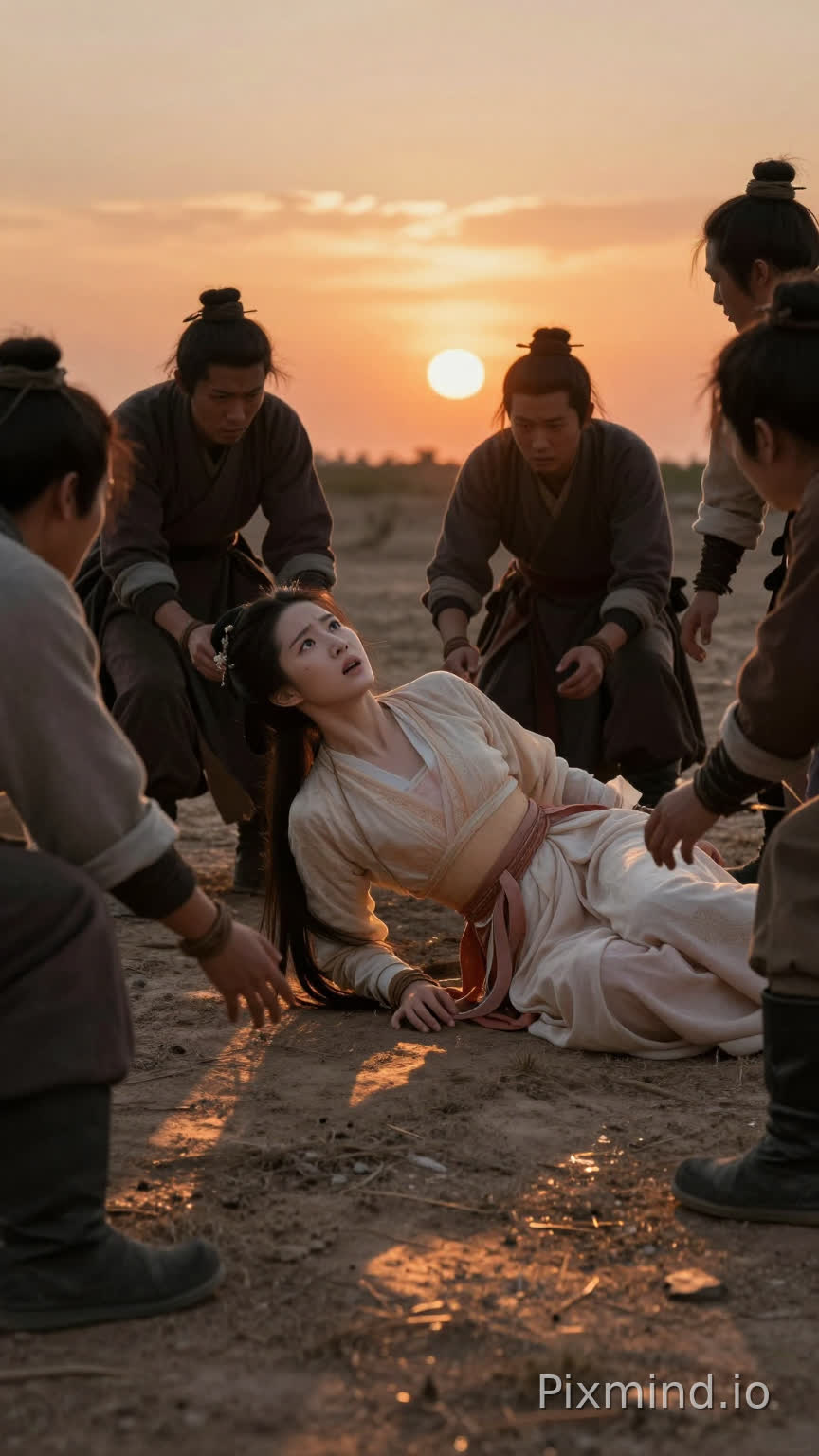 In a vast, desolate wilderness under a dramatic sunset, Liu Yifei, clad only in a delicate Qing Dynasty bellyband, finds herself pinned to the ground by a group of imposing figures. The camera captures her wide eyes filled with panic as the light casts long shadows, accentuating the tension in the scene. The dynamic movement of the camera circles around the characters, emphasizing the struggle and desperation. A soft, melancholic score plays in the background, enhancing the mood of fear and vulnerability, while a slow-motion effect highlights the moment her hands are restrained. The color grading leans towards warm oranges and deep shadows, creating a stark contrast between her delicate attire and the rugged surroundings.