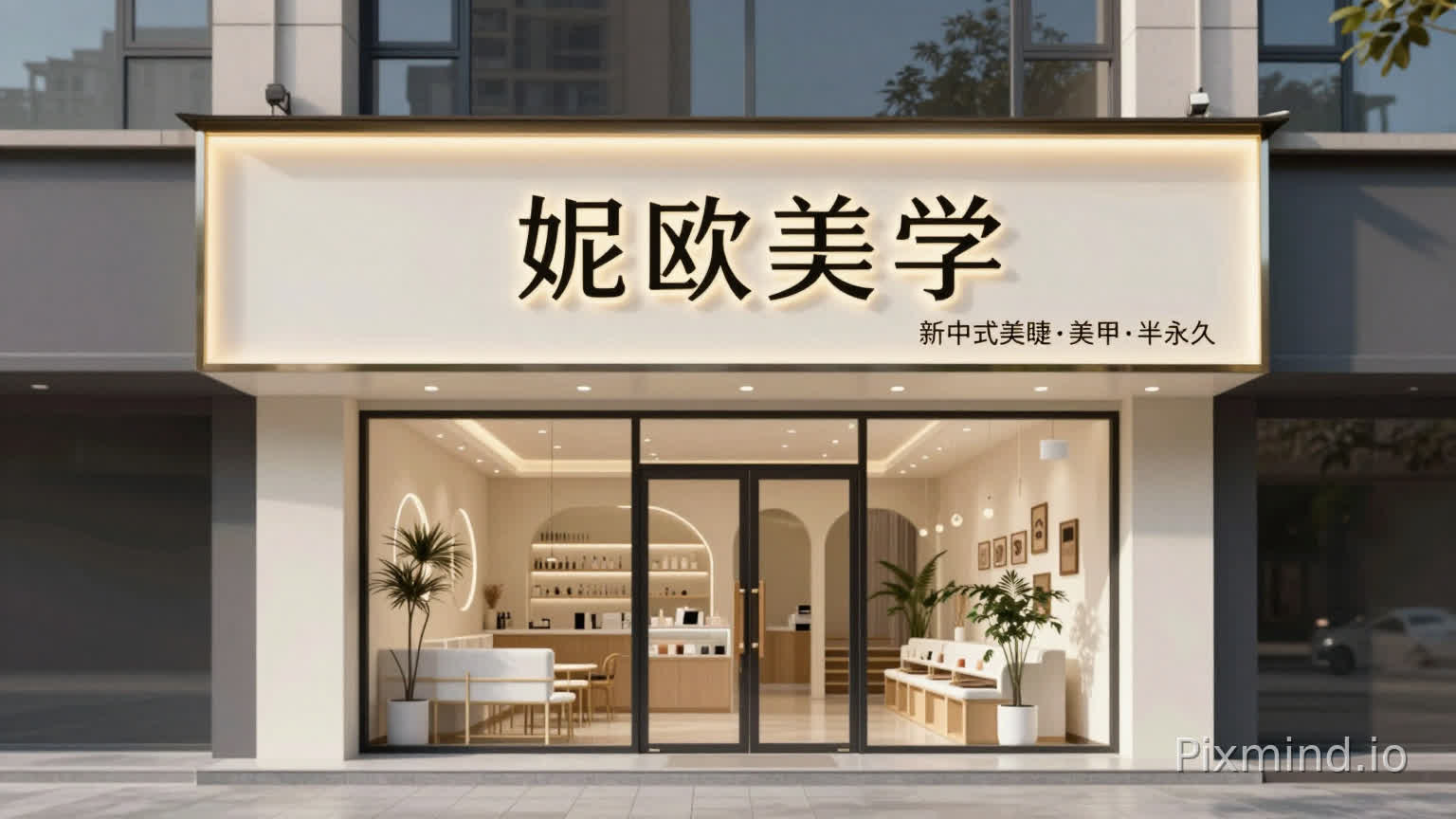白天环境,门头正立面,完整展示,正面平视,无透视畸变,美甲店店铺门头,小型店铺,软膜灯箱、UV软膜,无边框,店名:妮欧美学,右下角小字:新中式美睫•美甲•半永久,与之匹配的LOGO,现代清晰字体,8K高清,商业写实效果图。