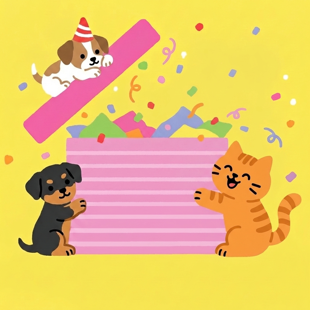 The cat in Figure 1 should reference the puppy in Figure 2 and have the feeling of hugging a gift box.
