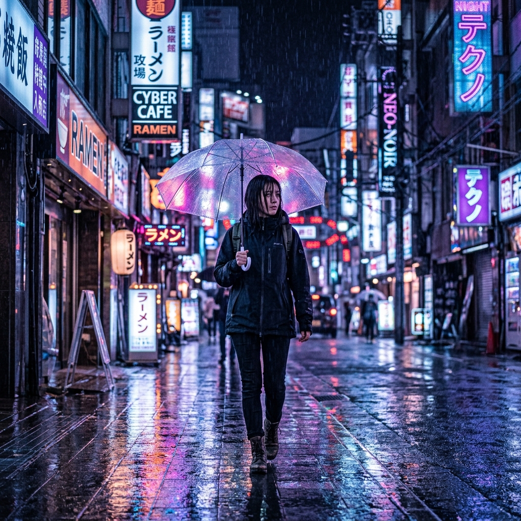 A full-body shot of a young woman walking alone down a deserted, neon-lit cyberpunk street on a heavy rainy night. She is holding a clear umbrella, which reflects the vibrant blues, purples, and pinks of the surrounding signs. Her dark hair is slightly wet, clinging to her face. The wet pavement reflects the city lights like a mirror. The atmosphere is melancholic and cinematic. Detailed rain droplets are visible. Shot on an 85mm lens, f/1.8, bokeh city lights, film noir aesthetic, ultra-realistic, 8k.