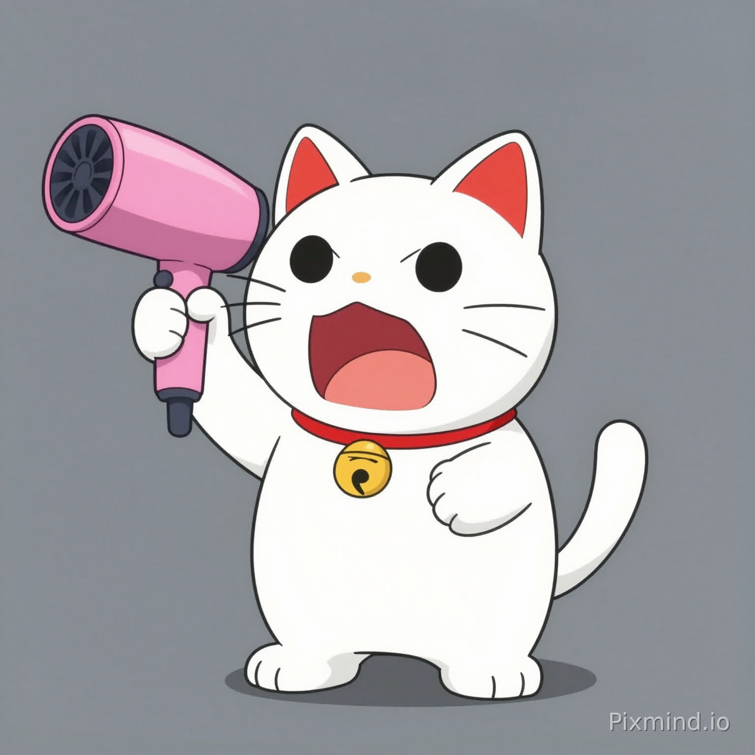 An anime screencap in the style of "Dandadan" ED. A white anthropomorphic Maneki Neko (Lucky Cat) with red ears holding a hot pink hairdryer with both paws as if it were a weapon. The cat has a fierce, shouting expression. Flat 2D shading, vibrant pop-art colors, sharp outlines, minimalist grey background. High quality, precise anatomy for stylized character.