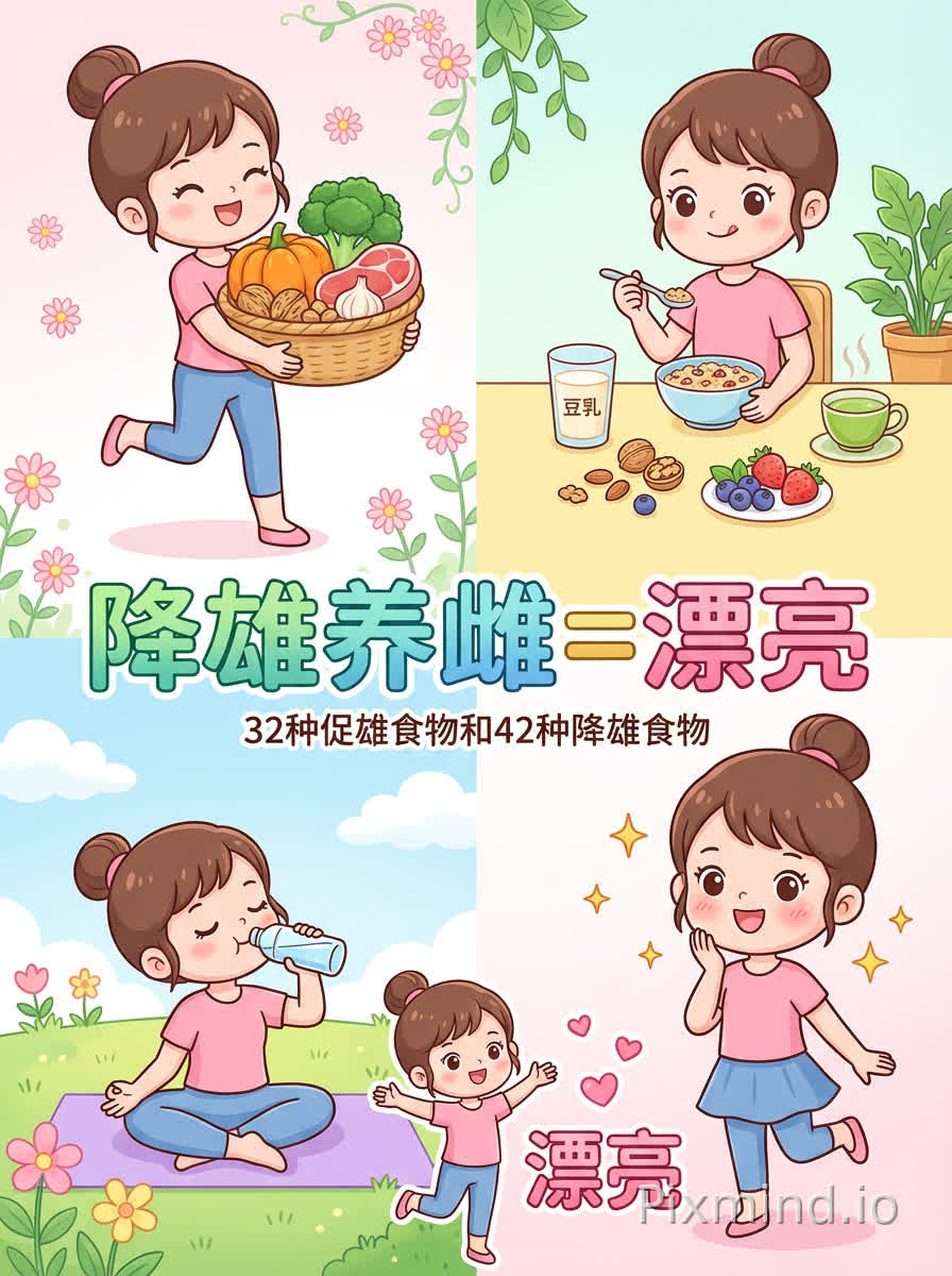 帮我生成一张**风格与主题**:充满活力的可爱卡通插画,主题为“健康与美丽生活方式”,采用柔和的马卡龙色系(粉、婴儿蓝、薄荷绿、暖黄),背景干净清新。画面整体营造欢快活泼的氛围,人物特征俏皮圆润,点缀柔和飘逸的植物/花卉元素。
**核心元素**:
- **主标题**:中心是粗体渐变文字“降雄养雌=漂亮”,“降雄养雌”为绿、蓝渐变,“=”为金色,“漂亮”为粉色;下方黑色小字副标题为“32种促雄食物和42种降雄食物”。
**四个关键场景(面板)**:
1. **左上面板**:扎高马尾(丸子头)的女孩,穿粉色短袖上衣和蓝色紧身裤,开心地提着装满营养食物的藤编篮子。篮子里有新鲜西兰花、圆滚滚的橙色南瓜、一片红肉、核桃和一整头大蒜;背景有小巧的粉色雏菊和浅绿色藤蔓。
2. **右上面板**:女孩穿同款粉色上衣,坐在浅黄色的桌子旁,手中小勺子靠近一碗谷物,旁有一杯标有“豆乳”的豆浆和一杯冒着热气的绿茶;桌上散落着坚果、新鲜蓝莓、草莓和一株绿叶植物。
3. **左下面板**:女孩在紫色瑜伽垫上练瑜伽,盘腿而坐,拿着透明水杯喝水,表情满足;场景设定在阳光明媚的草地,有粉色和黄色的花、绿色的草,以及飘着几朵白云的柔和蓝天。
4. **右下面板**:女孩特写,展示容光焕发、健康的皮肤(红润的脸颊),周围有金色小星星装饰;穿同款粉色上衣和蓝色短裙,一只脚微微抬起站立,表情开心活泼。
**前景细节**:下方中间有一个同款风格的小女孩,梳着相似的马尾,张开双臂跳舞,旁边有可爱的心形粉色字体写着“漂亮”,周围漂浮着粉色心形图标。
**技术细节**:柔和清晰的轮廓线,大大的、有神的眼睛,小巧的弧度微笑,和谐的色彩融合,平衡对称的布局(标题居中,面板围绕标题排列);背景包含细腻的花卉图案和淡色渐变,增强插画的甜美感。