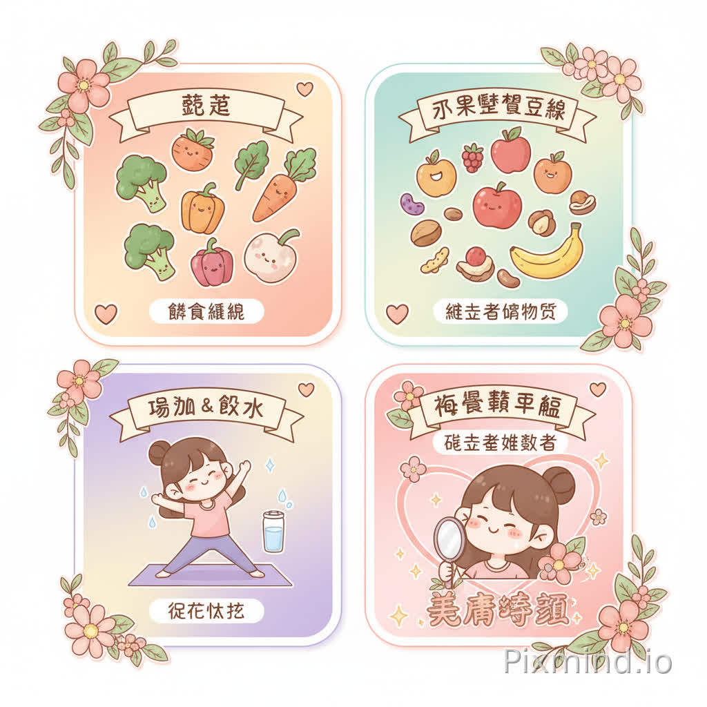 cute cartoon illustration, health infographic poster, Chinese Xiaohongshu style layout, pastel color palette, soft background, kawaii girl character, chibi style, smiling girl, multiple scenes composition, food elements (vegetables, fruits, beans, nuts), wellness lifestyle theme, yoga, drinking water, glowing healthy skin, decorative flowers and leaves, clean and aesthetic design, flat illustration, high detail, Chinese typography.4-panel layout, infographic style, top sections showing food categories with labels, bottom sections showing lifestyle benefits, cute icons and labels, balanced composition, symmetrical design.trending on Xiaohongshu, viral health poster, soft shadow, warm lighting, pastel gradients, cute stickers, hearts and sparkles.Chinese text about hormone balance, estrogen and androgen, beauty and skin improvement.