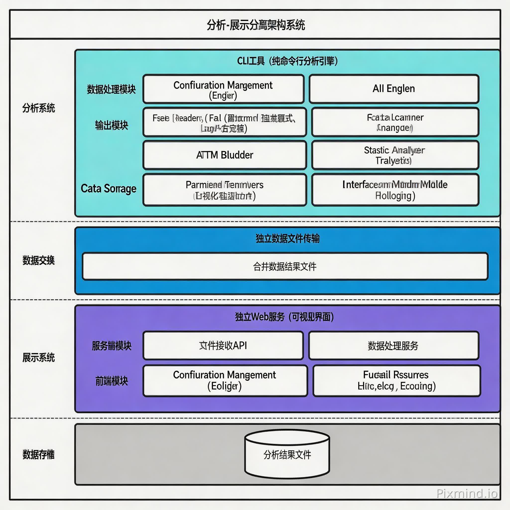 Logically modify the content of an image to the following: The Analysis System is composed of 12 core modules: Configuration Management Module (Config), AI Analysis Engine (AI Engine), File Reader (Reader, including Full/Stream/Chunk read modes + LRU cache), File Scanner (Scanner), AST Builder (AST Builder), Call Chain Analyzer (Analyzer), Parameter Tracker (Tracker), Statistical Analyzer (Statistics), Data Storage Module (Storage), Logging System (Logging), Analysis Engine (Engine, integrating all modules to execute a 9-stage analysis), and Interface Definition Module (Interfaces, defining 13 core interface contracts). The Presentation System consists of 4 modules: Web Server (File Upload and Result Management API), Data Loader (JSON File Parsing and In-Memory Caching), Configuration Management, and Frontend Resources (HTML Templates + D3.js + ECharts).