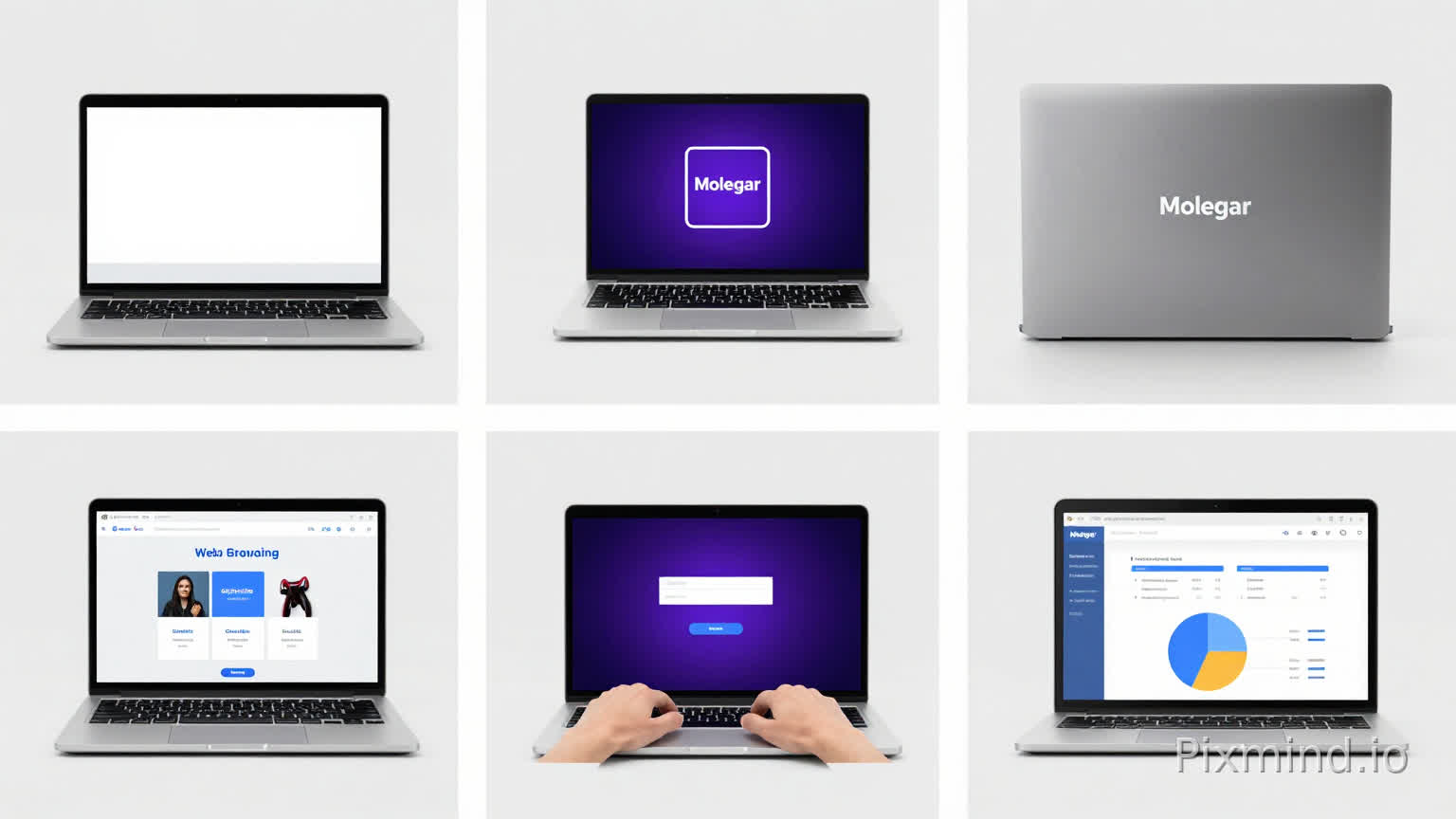 Create a 1600×1600-pixel four-panel layout illustrating laptop usage scenarios, including studying, gaming, web browsing, and office work. The Molegar brand logo should be displayed on the back cover.