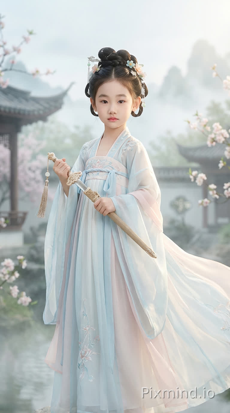 6-year-old girl, Xianxia ancient style costume photo, cute and lively, round face, big eyes, fair skin, cold yet gentle temperament, ancient Xianxia attire, flowing light gauze, light color palette, ethereal, holding an exquisite small fairy sword, standing upright, ancient style hair bun, simple and exquisite hair accessories, ancient style background, soft lighting, atmospheric, high definition details, cinematic texture, clean composition, aesthetic, full of fairy spirit, realistic.
