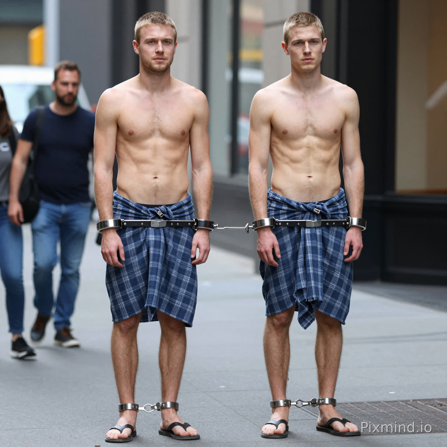 Frank and Peter, blanke mannen, atletisch gespierd lichaam, 21-jarige jaar, buzzcut, staan recht, op straat in New Yorkl, handen geboeid, voeten geboeid, gekleed lendendoek, blote voeten, bloot bovenlichaam,