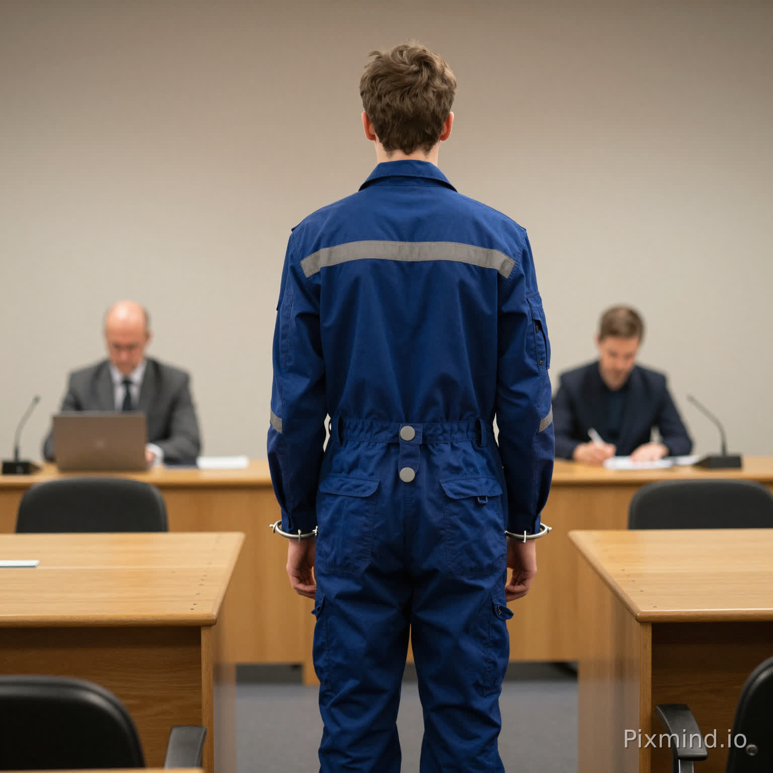 21 jarige, sportief gebouwde man, blank, in wegwerpoverall, handen geboeid op de rug, voeten geboeuwd, staat voor de 2 rechters in rechtbank in Marseille