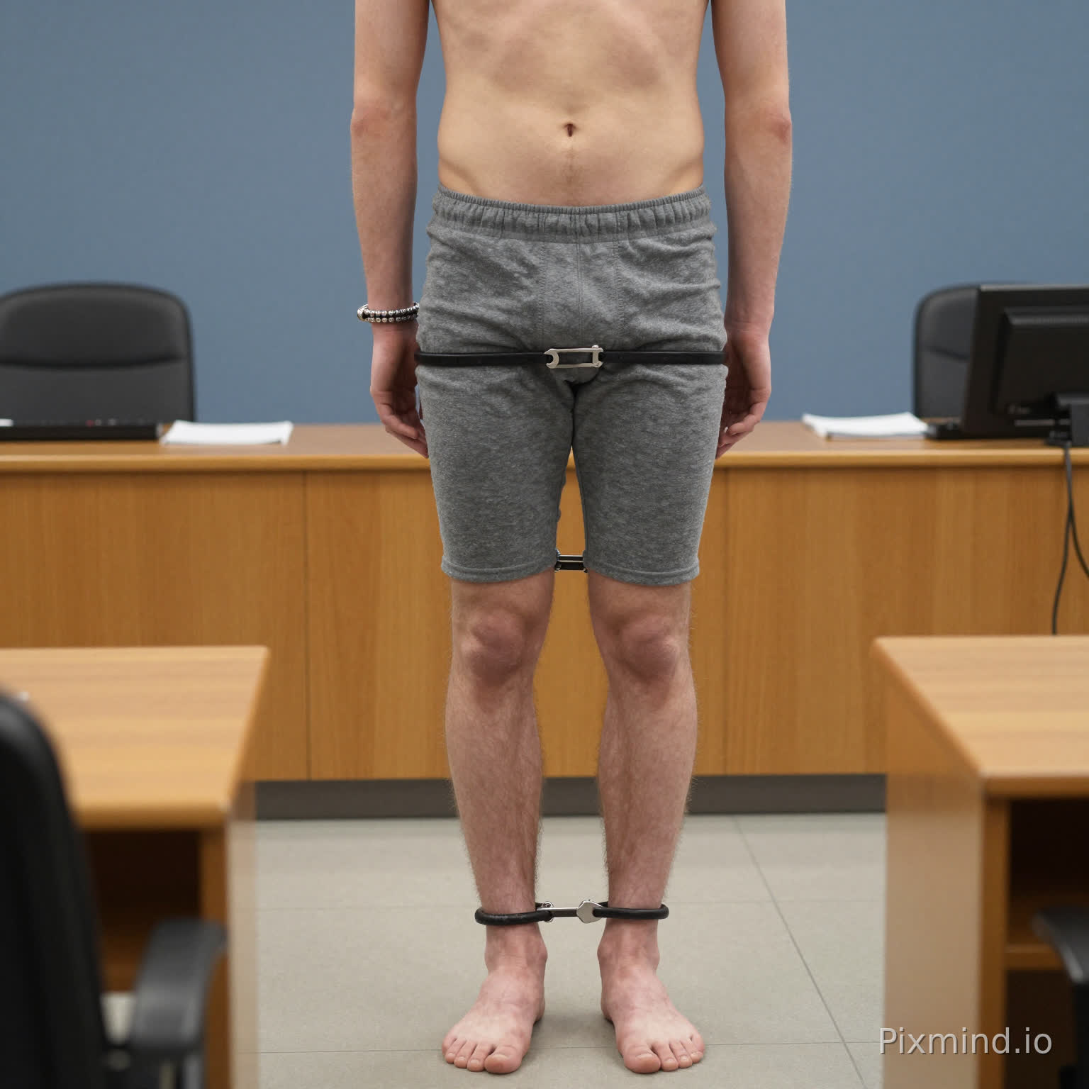 21 jarige, sportief gebouwde man, blank, in grijze jockstrap, handen geboeid op de rug, voeten geboeid, staat voor de 2 rechters in rechtbank in Marseille blote voeten, blote torso