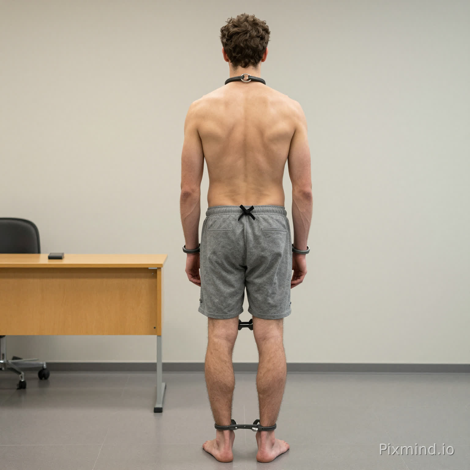 21 jarige, sportief gebouwde man, blank, in grijze jockstrap, handen geboeid op de rug, voeten geboeid, staat voor de 2 rechters in rechtbank in Marseille blote voeten, blote torso, toon gevange volledig kop tot teen