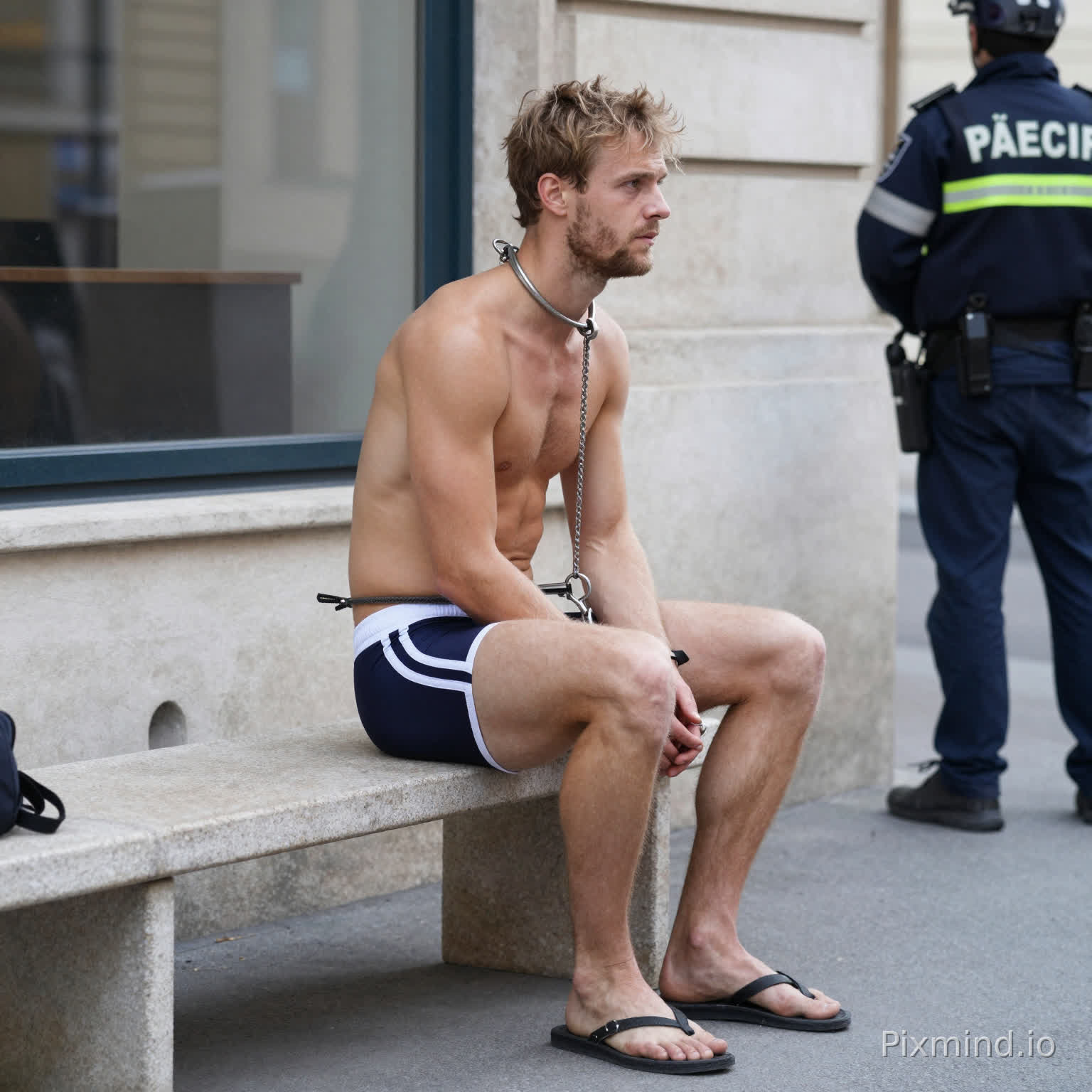 26 jarige blanke man is gearresteerd, sportief atletisch lichaamsbouw, gekleed in jockstrap, straat Marseille, blote voeten, handen geboeid op de rug, zit op trottoir, geen baard, 2 agenten staan naast hem