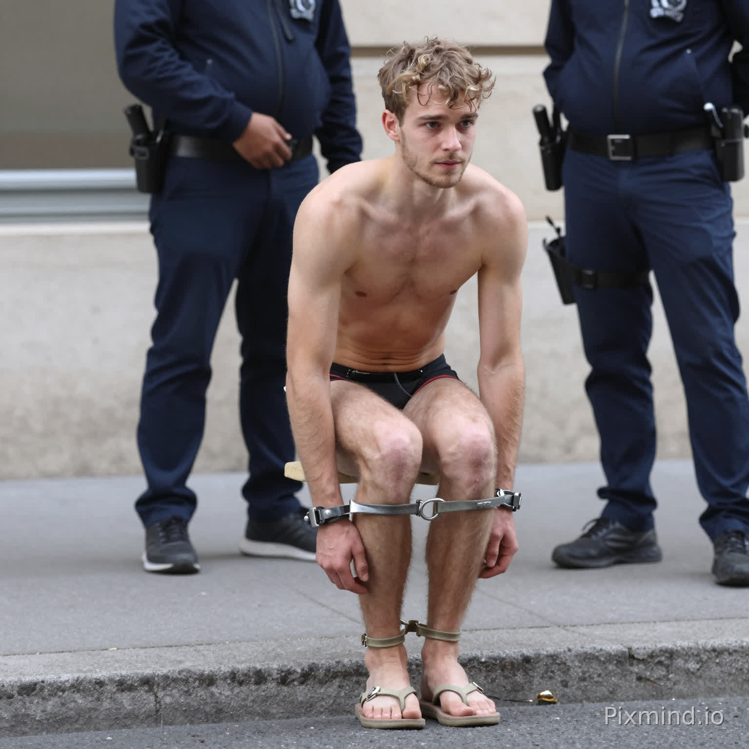 26 jarige blanke man is gearresteerd, sportief atletisch lichaamsbouw, gekleed in jockstrap, straat Marseille, blote voeten, handen geboeid op de rug, zit op trottoir, geen baard, 2 agenten staan naast hem, blote voeten, enkelboeien