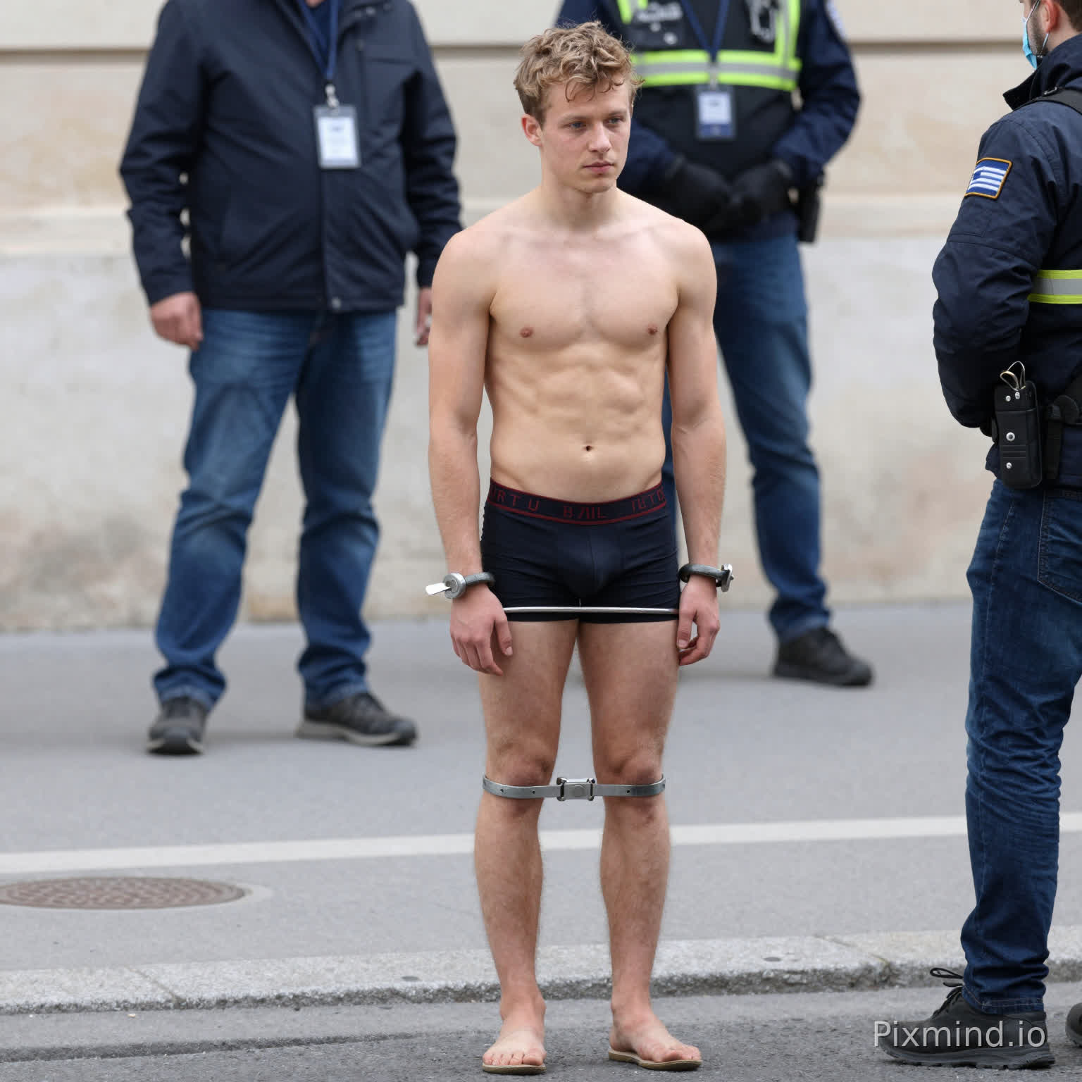 26 jarige blanke man is gearresteerd, sportief atletisch lichaamsbouw, gekleed in jockstrap, straat Marseille, blote voeten, handen geboeid op de rug, zit op trottoir, geen baard, 2 agenten staan naast hem, blote voeten, enkelboeien
