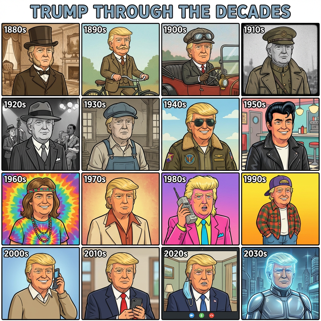 Create a 4×4 grid starting from the 1880s. In each area, my image should reflect the style of that era (clothing, hairstyle, beard, accessories). The colors, backgrounds and film style should also be applied accordingly. I'm Trump. Cartoon style