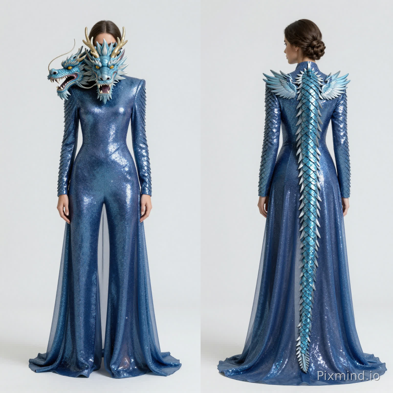 met gala outfit inspired by the korean dragon. there is a 3d dragom head on the shoulder and the scales go down the back and turn into a train. the rest of the outfit is a sparkly blue that changes color in different angles but not nescessarily scales. there are small wings in the back. the pants are flowly and sheer