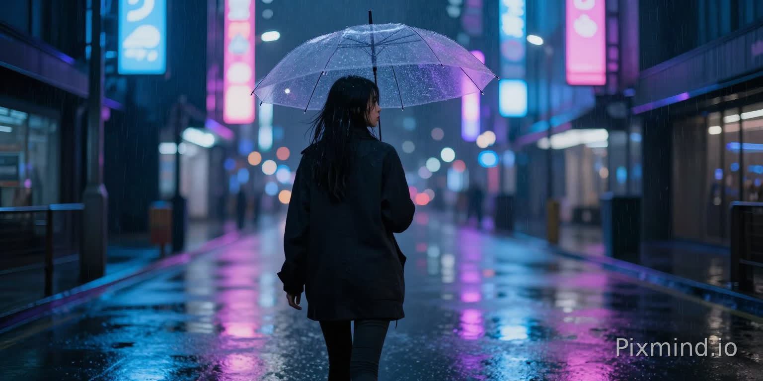 一位年轻女子独自走在一条荒凉的、霓虹灯照亮的赛博朋克街道上的全身背影照片,下着大雨的夜晚。她撑着一把透明雨伞,反射着周围招牌明亮的蓝色、紫色和粉色。她的黑发微微湿润,贴在脸上。湿漉漉的路面像镜子一样反射着城市灯光。氛围忧郁而电影感十足。雨滴清晰可见。使用85毫米镜头拍摄,f/1.8光圈,城市灯光虚化,黑色电影美学,超写实,8K画质。