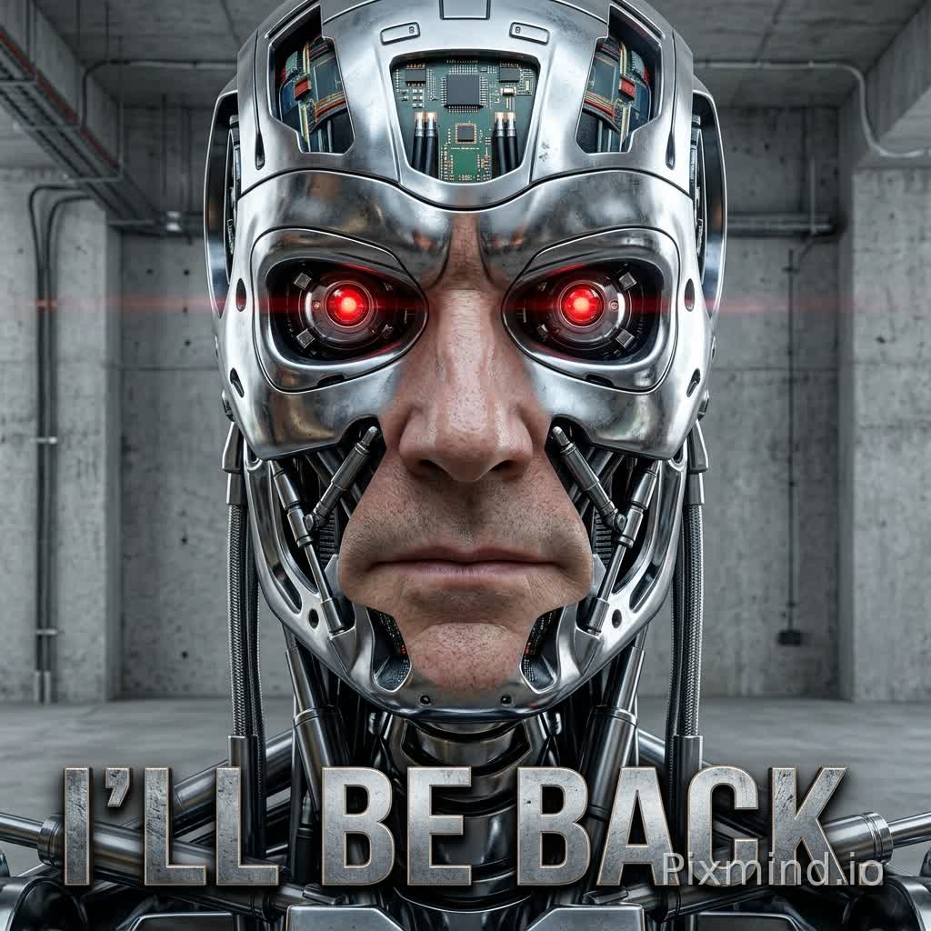 A shot of a stripeed down terminator like robot, with gleaming eyes looking directly forward. In lager capitals beneath the face set "I'll be back". Complex optics, mind-bending, photorealistic.