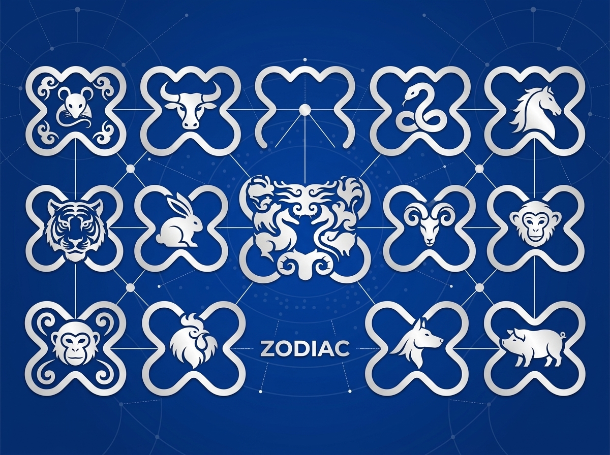 Please refer to the presentation style of the combined Chinese zodiac animal logos in Images 1 and 2, and help me combine the logo in Image 3 with the twelve Chinese zodiac animals.