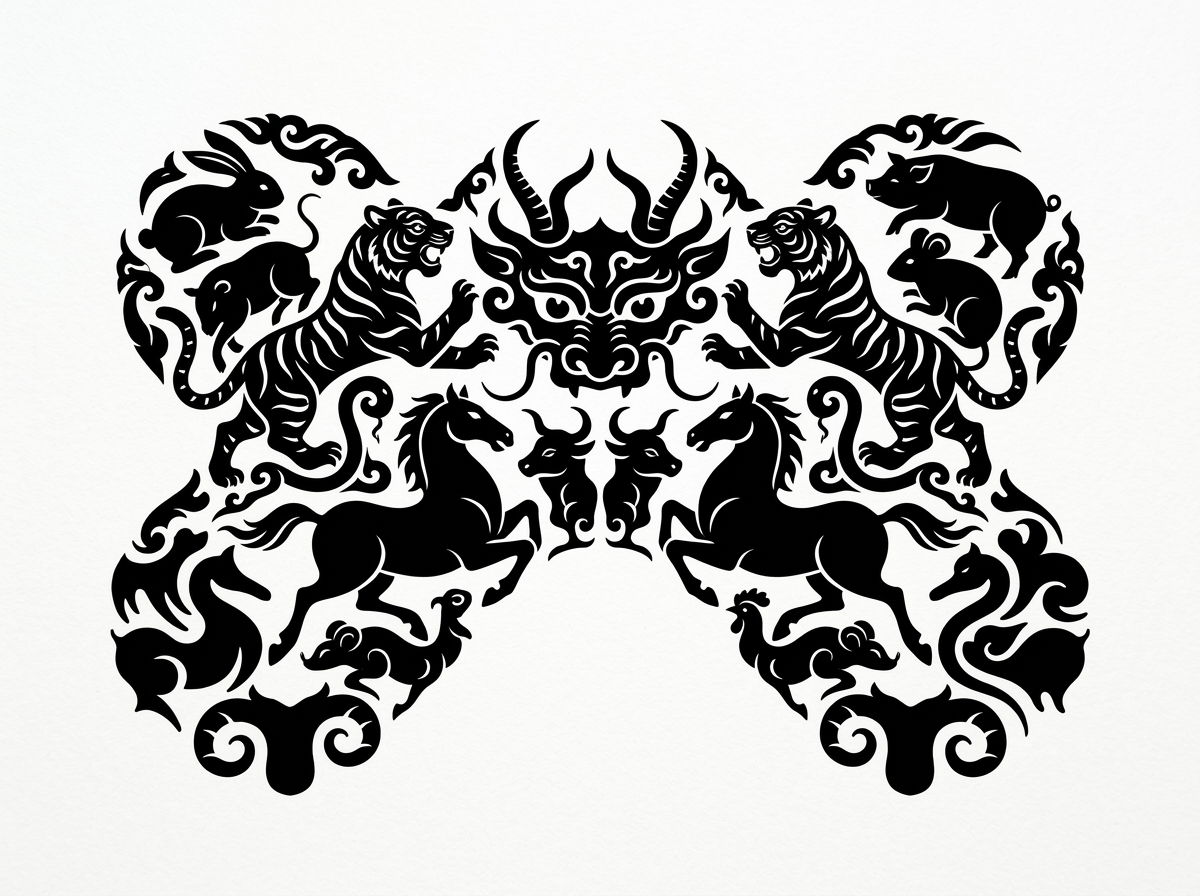 Please refer to the combination method of the logos in Image 1 and Image 2. Generate the logo from Image 3 in the style of traditional Chinese Taotie patterns, featuring a symmetrical combination of the twelve Chinese zodiac animals. Pure black silhouette, white background. Symmetrical composition with auspicious beast patterns, rendered in the style of vintage bronze ornamentation.