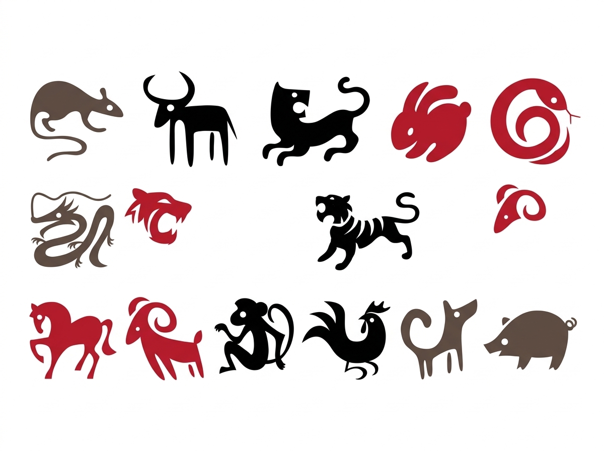 To avoid copyright infringement, please refer to the style in the image and regenerate a set of abstract silhouette figures for the Chinese Zodiac.