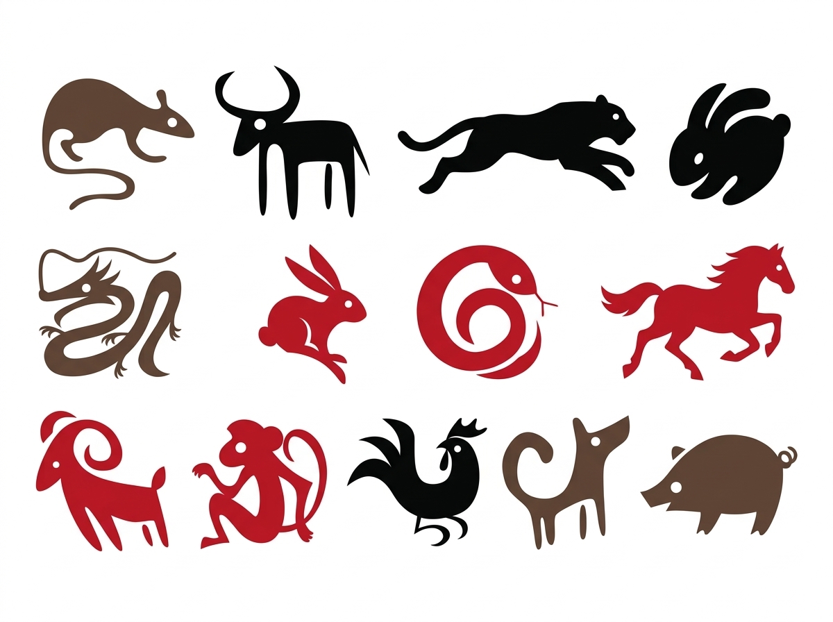 Please generate images of the twelve Chinese Zodiac animals, employing a minimalist modern flat geometric style, traditional Chinese zodiac symbols, and positive and negative space design. The images should have no gradients or outlines, using solid color fills to create a highly recognizable silhouette effect. All animals should be abstract geometric shapes combining smooth curves and straight lines, retaining core animal features (such as ram horns, bull horns, dragon whiskers, monkey tails, etc.) while removing excess details, and adopting a single-dot eye design to enhance recognition. Poses should be simple and powerful, conforming to typical zodiac dynamics: monkey squatting and grasping, rooster standing on one leg with head held high, horse galloping, snake coiled in a spiral, dragon winding, dog standing with a curled tail, rabbit with head down and alert, rat moving with an arched back, sheep walking with head down, ox with head lowered gathering strength, pig walking slowly, and tiger running and leaping.