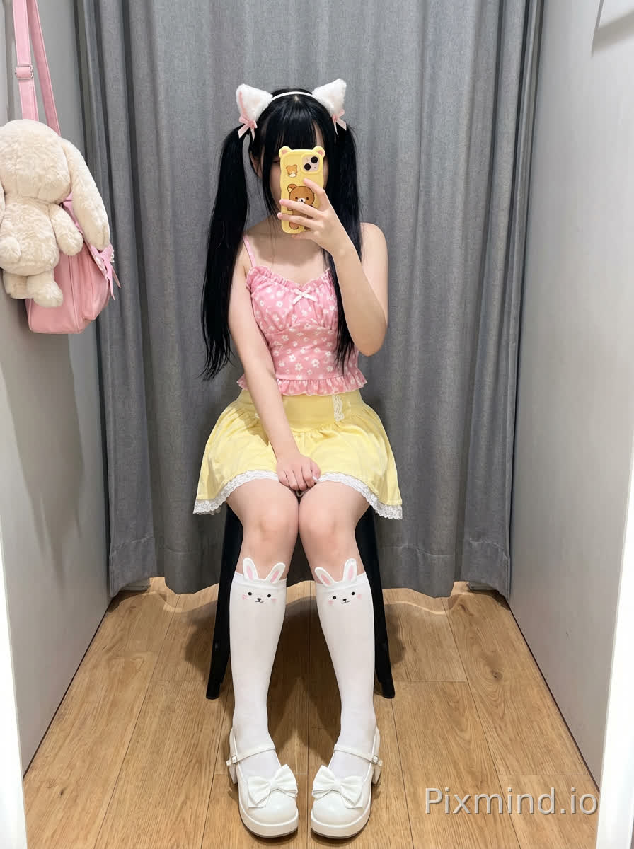 A detailed AI image prompt for the provided image:
**Core subject**: A young girl taking a selfie, sitting on a black stool in a fitting room.
**Character details**:
- Hair: Long black hair styled in twin tails, with white cat ear hair accessories (each ear has a pink bow detail) on top of the head.
- Face: Partially obscured by a yellow phone case with a bear print; soft, cute facial features (implied by the overall style).
**Clothing (key elements)**:
- Top: Pink ruffled camisole with white small floral patterns, featuring multiple layered frill edges around the neckline and bodice.
- Bottom: Yellow high-waisted short skirt with white lace trim along the hem, matching the floral pattern on the top.
- Legs: Wearing white knee-high socks with rabbit ear shapes (pointed ears, white color) near the top; white platform shoes with large bow decorations on the front.
**Scene & environment**:
- Background: Gray fabric curtain (fitting room curtain) behind, light brown wooden floor.
- Left wall: A pink bag (with a brown handle) hanging, next to a light-colored plush toy (likely a bear or rabbit, fluffy texture) attached to the wall.
**Style & mood**:
- Overall style: Cute, sweet, Japanese-style aesthetic, with attention to detailed clothing textures (ruffles, lace, bow decorations).
- Lighting: Soft, natural indoor lighting (likely from overhead lights in the fitting room), highlighting the pastel colors of the clothing and creating a cozy, vibrant atmosphere.
**Additional prompts**: High quality, detailed rendering, 8K resolution, 3D effect, natural proportions, "lolita fashion" elements, "cute" and "playful" mood.