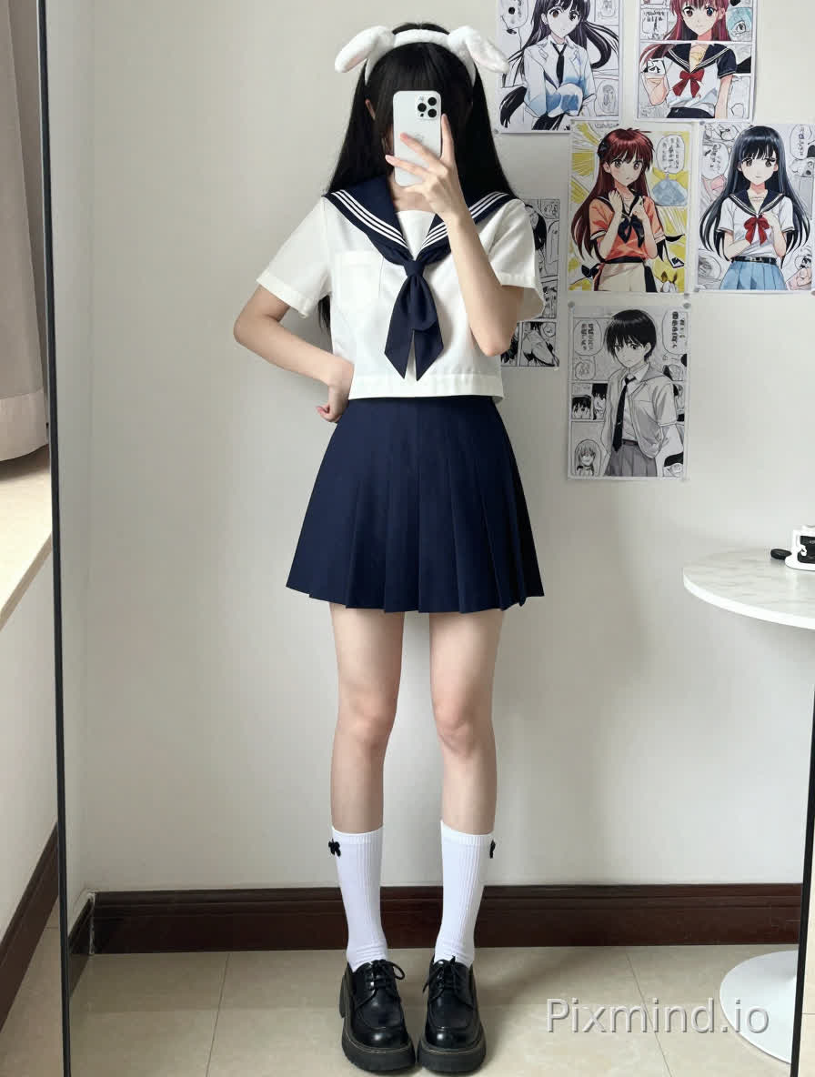 A medium-full body shot of a young Asian woman taking a mirror self-portrait, standing with a natural posture, left hand on her hip, right hand holding a white iPhone (with a prominent camera lens and a white body) up to her face, partially obscuring her upper body. She has long black hair cascading over her shoulders, accessorized with a white bunny ear headband on top of her head. She is wearing a classic Japanese sailor uniform: a short-sleeved white top with a deep blue sailor collar (sailor fuku collar) and a black necktie tied into a bow at the front. The top fits snugly, accentuating her waist. She pairs it with a high-waisted, short pleated A-line skirt (navy blue, reaching mid-thigh). On her legs are white mid-calf socks with subtle black lace-up or bow decorations at the top, worn with thick-soled black leather oxford shoes (thick rubber soles, visible laces). The background features an indoor setting with a light-colored wall covered in multiple anime posters: a mix of colorful Japanese manga-style illustrations and black-and-white comic panels, depicting various anime characters in school and casual outfits. To the left, there is a mirror edge reflecting part of the room, and to the right, a small round white table with a light-colored marble top and a few indistinct items on it. The floor is covered in light gray tiles. Lighting is bright and natural, illuminating the scene evenly without harsh shadows, enhancing the texture of the uniform fabric, hair, and background posters, creating a high-detail, photo-realistic rendering with soft color tones and sharp focus on the subject and key details.