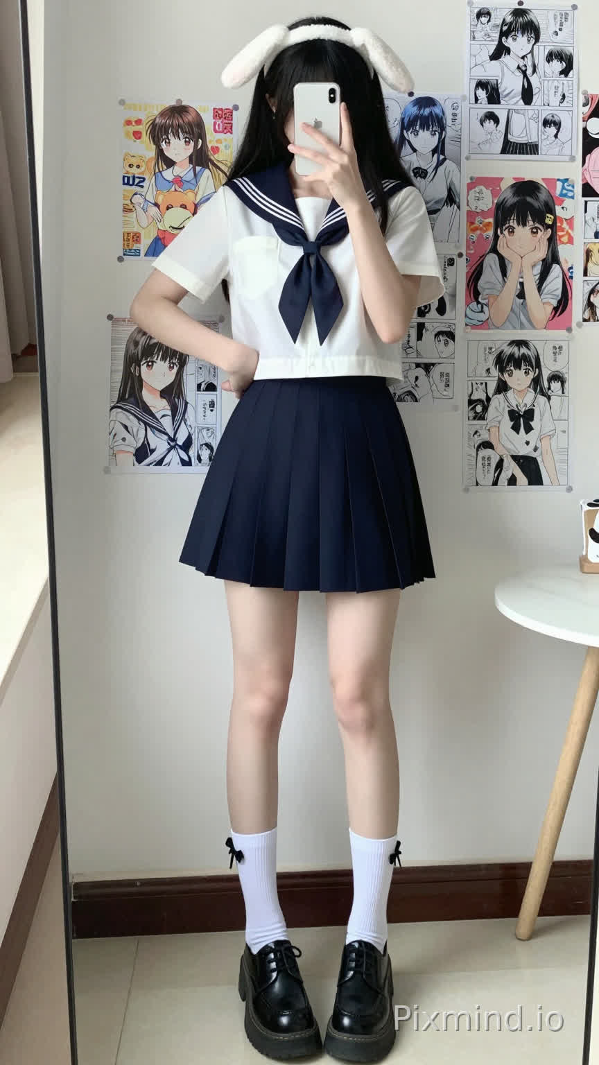A medium-full body shot of a young Asian woman taking a mirror self-portrait, standing with a natural posture, left hand on her hip, right hand holding a white iPhone (with a prominent camera lens and a white body) up to her face, partially obscuring her upper body. She has long black hair cascading over her shoulders, accessorized with a white bunny ear headband on top of her head. She is wearing a classic Japanese sailor uniform: a short-sleeved white top with a deep blue sailor collar (sailor fuku collar) and a black necktie tied into a bow at the front. The top fits snugly, accentuating her waist. She pairs it with a high-waisted, short pleated A-line skirt (navy blue, reaching mid-thigh). On her legs are white mid-calf socks with subtle black lace-up or bow decorations at the top, worn with thick-soled black leather oxford shoes (thick rubber soles, visible laces). The background features an indoor setting with a light-colored wall covered in multiple anime posters: a mix of colorful Japanese manga-style illustrations and black-and-white comic panels, depicting various anime characters in school and casual outfits. To the left, there is a mirror edge reflecting part of the room, and to the right, a small round white table with a light-colored marble top and a few indistinct items on it. The floor is covered in light gray tiles. Lighting is bright and natural, illuminating the scene evenly without harsh shadows, enhancing the texture of the uniform fabric, hair, and background posters, creating a high-detail, photo-realistic rendering with soft color tones and sharp focus on the subject and key details.