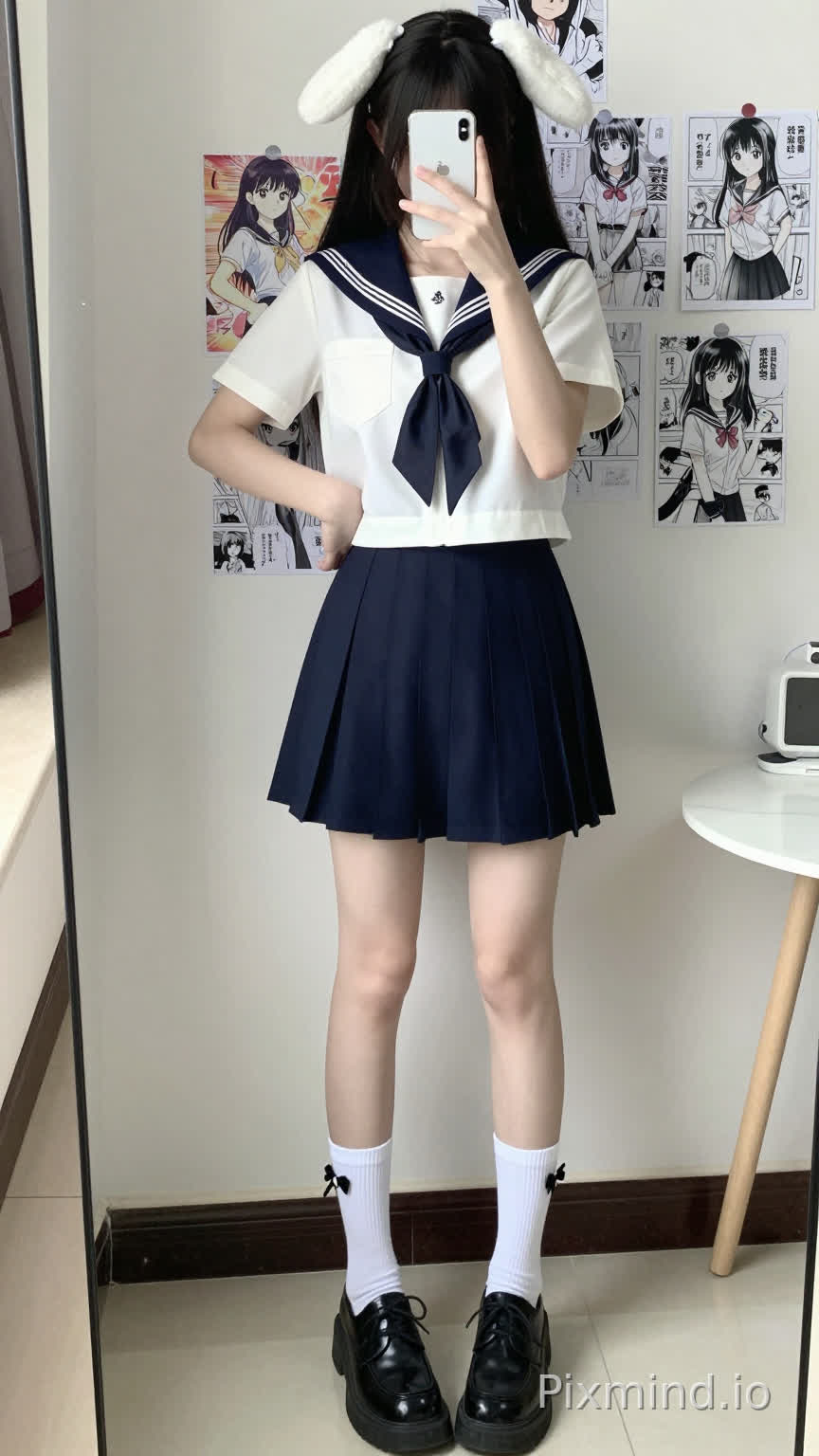 A medium-full body shot of a young Asian woman taking a mirror self-portrait, standing with a natural posture, left hand on her hip, right hand holding a white iPhone (with a prominent camera lens and a white body) up to her face, partially obscuring her upper body. She has long black hair cascading over her shoulders, accessorized with a white bunny ear headband on top of her head. She is wearing a classic Japanese sailor uniform: a short-sleeved white top with a deep blue sailor collar (sailor fuku collar) and a black necktie tied into a bow at the front. The top fits snugly, accentuating her waist. She pairs it with a high-waisted, short pleated A-line skirt (navy blue, reaching mid-thigh). On her legs are white mid-calf socks with subtle black lace-up or bow decorations at the top, worn with thick-soled black leather oxford shoes (thick rubber soles, visible laces). The background features an indoor setting with a light-colored wall covered in multiple anime posters: a mix of colorful Japanese manga-style illustrations and black-and-white comic panels, depicting various anime characters in school and casual outfits. To the left, there is a mirror edge reflecting part of the room, and to the right, a small round white table with a light-colored marble top and a few indistinct items on it. The floor is covered in light gray tiles. Lighting is bright and natural, illuminating the scene evenly without harsh shadows, enhancing the texture of the uniform fabric, hair, and background posters, creating a high-detail, photo-realistic rendering with soft color tones and sharp focus on the subject and key details.