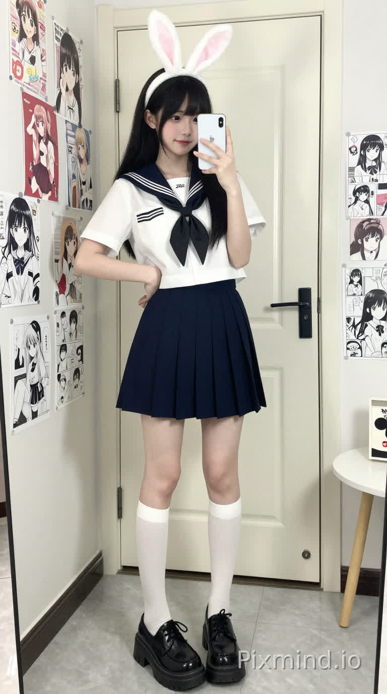 高质量动漫风格数字绘画:一个16-18岁的年轻女孩在舒适的房间里自拍,中远距离镜头。她有着长直黑发,带着柔和的刘海,皮肤白皙,表情开朗。右手拿着一部白色智能手机,屏幕对着自己,左手叉腰。她穿着经典的水手服校服:白色短袖上衣,领口是深蓝色水手领,系着黑色领结;高腰深蓝色百褶裙,长度到大腿中部;白色过膝袜,以及黑色厚底松糕皮鞋,鞋底厚实,配黑色鞋带。头上戴着一个可爱的白色兔子耳朵发带。
背景是一个房间,浅色墙壁上贴满了各种日本动漫海报,包括色彩鲜艳的女学生角色插画和黑白漫画面板。她身后有一扇带简约框架的白色门,地板是浅灰色瓷砖。右下角有一张白色小圆桌,上面放着一些物品。光线柔和自然,投下柔和的阴影,清晰地突出主体。整体氛围充满活力、青春与舒适感,融合了女学生美学与可爱的动漫元素。风格是写实比例与动漫风格的混合,制服、头发和背景海报上都有详细的纹理。