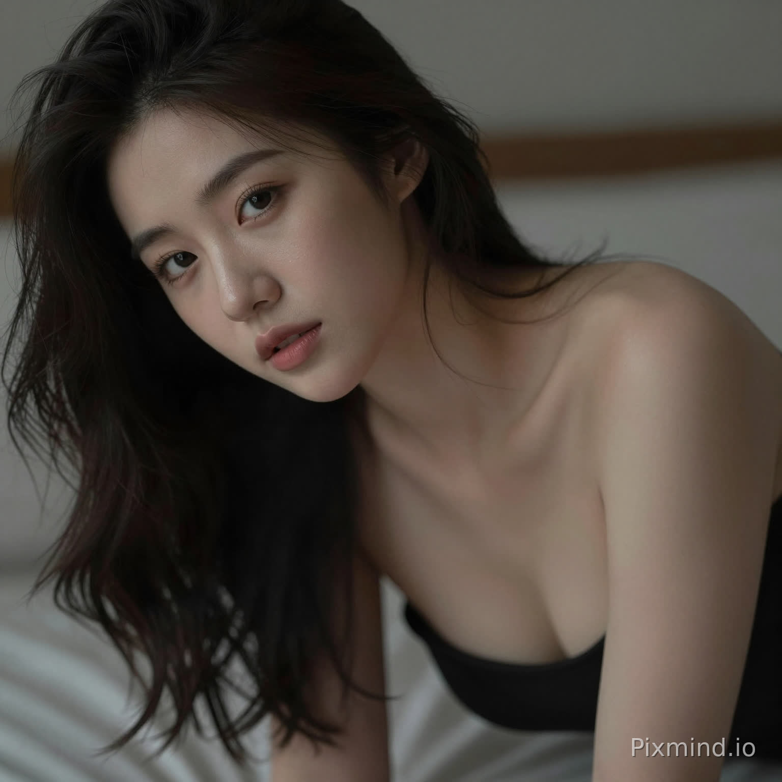 A sensual woman leaning slightly forward, subtle cleavage, inviting gaze, soft focus background, intimate framing, realistic skin highlights, moody lighting, editorial sensual photography