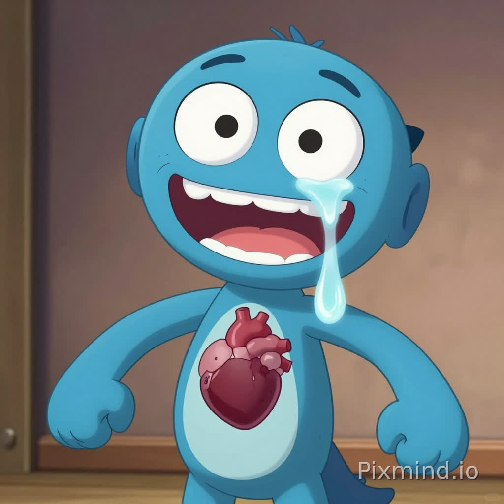 This character resembles Gumball but should be much thinner than normal Gumball, almost uncomfortably skinny. His chest should be narrow, with ribs visible beneath the fur, and his spine should be faintly visible in the back. His body should look like it has been stretched thin by something inside him. His fur should still be blue, but it should be brighter, harsher, and less natural-looking, almost like the color is being pushed too far. His eyes should be nearly swallowed by massive pupils, so that the whites are barely visible. That makes his face feel unstable and wrong without changing the basic character design too much. His mouth should be permanently stretched into a huge grin, and there should be constant drool of bright, toxic-looking joy fluid coming from it. Not a cute cartoon dribble — something excessive and unnatural. His chest is one of the biggest horror details: his heart should be visibly beating through his chest, almost like it is trying to force its way out. It should not be subtle. The body should be so thin and strained that the beating heart becomes part of the silhouette. His limbs should feel tense and overactive, with a sharp, twitchy shape instead of relaxed cartoon roundness. They should look like he is being driven forward by something toxic inside his body, not just acting happy. That means his model should feel tight, and overstimulated, like the joy is using him up from the inside. Also make sure not to make it realistic