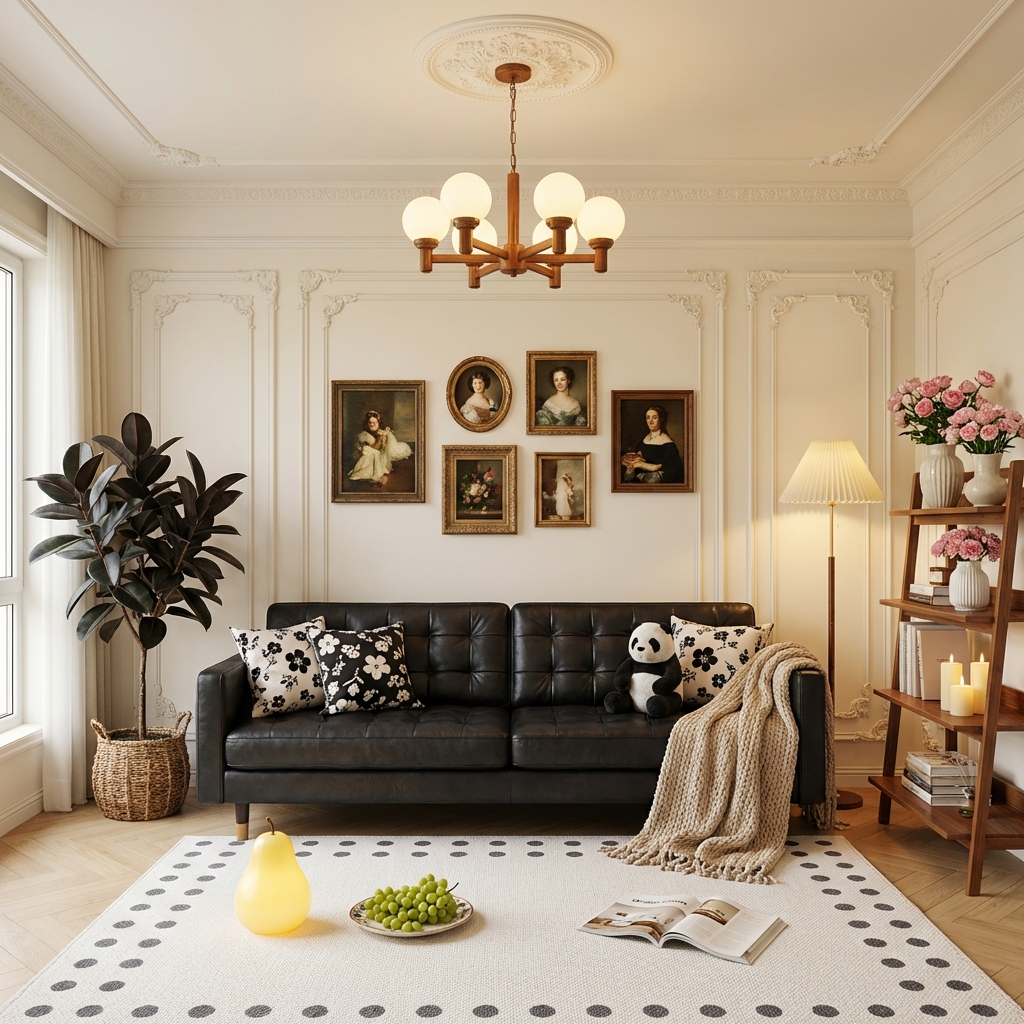 Ultra-realistic interior photography, warm and healing mid-century modern living room, black leather tufted four-seater sofa with black-and-white floral throw pillows, a panda plush toy, and a beige knitted blanket draped over the armrest.
Walls are creamy white with French plaster moldings, decorated with a gallery wall of vintage framed paintings in the center.
On the left: a large black rubber tree (Ficus elastica 'Black Prince') in a woven basket.
On the right: a wooden multi-layer shelf with vases (holding pink flowers), books, and candles, next to a floor lamp with a cream pleated lampshade.
Floor: light wood herringbone flooring covered by a white woven rug with dark gray polka dot borders. On the rug: a yellow pear-shaped night light, a plate of green grapes, and an open magazine.
Ceiling: circular plaster medallion with a vintage wooden chandelier with 6 milky white glass globes, casting warm ambient light.
Overall atmosphere: cozy, bright, and lazy, orthogonal perspective facing the sofa, sofa centered symmetrically, 8K resolution, natural light mixed with warm indoor light, soft color grading, rich textures, fine details, shot with Canon 5D Mark IV, f/4.0, ISO 100.