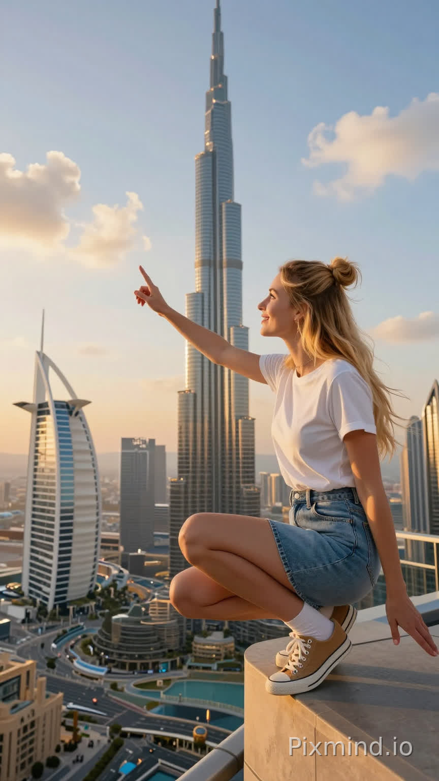 Result: A hyper-realistic AI-generated image depicting a young woman with long blonde hair tied in a messy bun, wearing a white crew neck T-shirt, a high-waisted light blue denim skirt, white crew socks, and tan canvas sneakers with white laces, squatting in a dynamic pose on the edge of a high-rise building. Her right hand is extended forward, with her index finger gently touching the spire of the Burj Khalifa, while her left hand rests lightly on the building for balance. She has a warm, happy smile on her face, looking down at the skyscraper with a sense of wonder.
The background features an expansive cityscape of Dubai, with iconic landmarks including the Burj Al Arab (Jumeirah) on the left, the Burj Khalifa towering in the center, and numerous modern skyscrapers and high-rises in the distance. The scene is set during golden hour, with the sky transitioning from soft blue to warm orange near the horizon, dotted with fluffy white clouds catching the sunset glow.
A group of small, indistinct figures—tourists or onlookers—are visible on the rooftop terrace below, emphasizing the enormous scale of the woman relative to the city. The rooftop has a glass railing, and the perspective emphasizes the height, making the woman appear several times taller than the buildings, creating a surreal, dreamlike atmosphere.
The image is rendered in 8K resolution with ultra-detailed textures: the woman’s skin has natural pores and soft shadows, the denim skirt has visible stitching and fabric creases, and the buildings feature intricate architectural details, glass reflections, and distinct silhouettes. The lighting is soft and directional, casting gentle shadows under the woman’s chin and knees, and highlighting the warm hues of the sunset across both the figures and the city. The overall mood is whimsical, awe-inspiring, and slightly fantastical, blending reality with surreal scale.