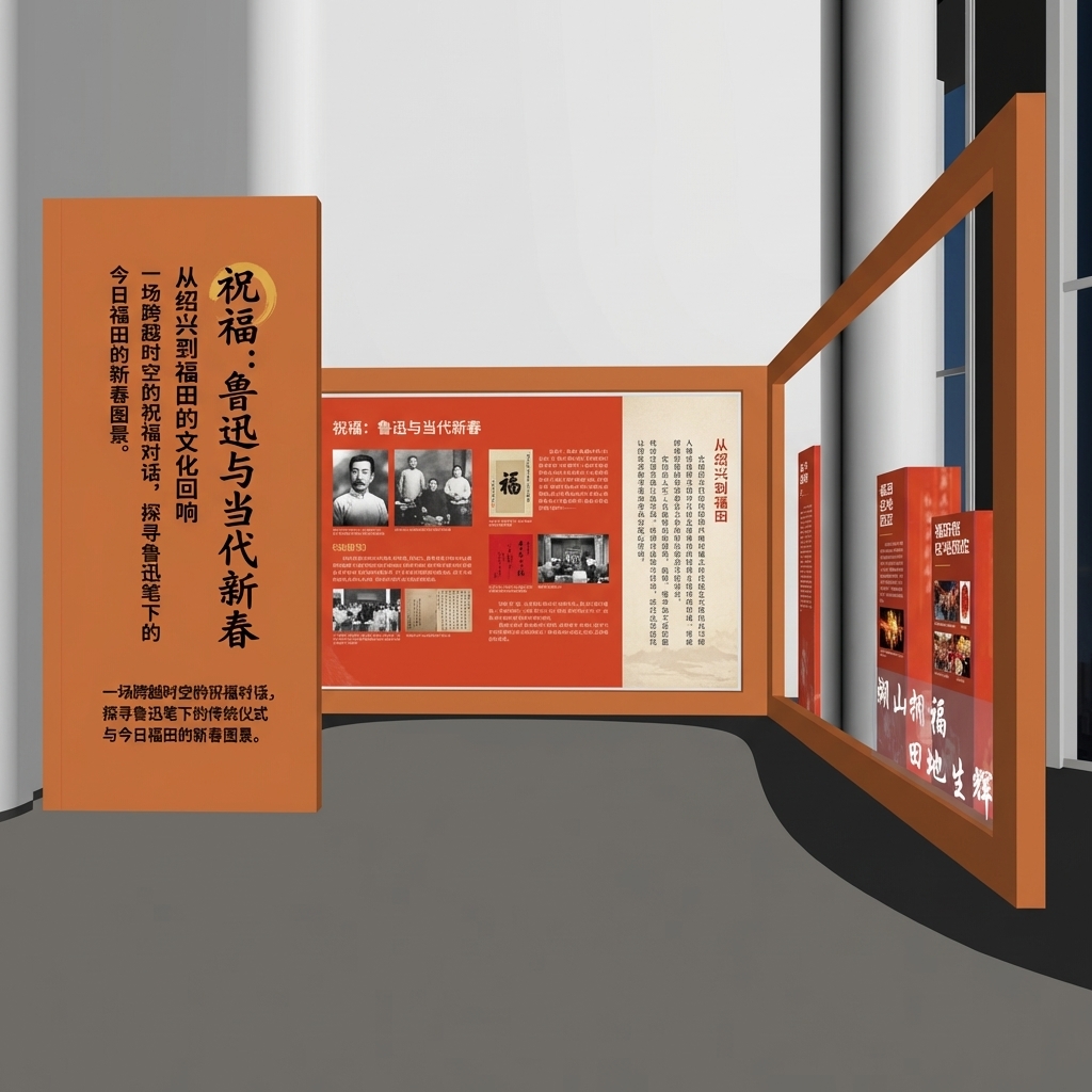 • 主标题形象墙:展览主题、副标题与一句总述文案,承担“入口第一张照片”的功能。
• 鲁迅与《祝福》导入墙:用简洁图文说明鲁迅是谁、《祝福》为何重要、为什么适合作为切入口。
• “从绍兴到福田”主题短文:建立绍兴“祝福”与平安金融中心场地属性之间的当代连接。
• 福田在地回应:点出“湖山拥福,田地生辉”的地名寓意,以及福田在地的祭祖、点灯、大盆菜、花市、舞狮、写福等祝福场景。