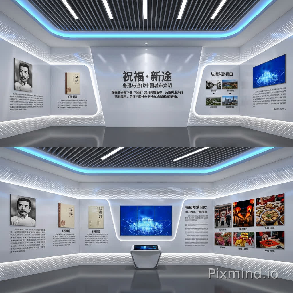 • 主标题形象墙:展览主题、副标题与一句总述文案,承担“入口第一张照片”的功能。
• 鲁迅与《祝福》导入墙:用简洁图文说明鲁迅是谁、《祝福》为何重要、为什么适合作为切入口。
• “从绍兴到福田”主题短文:建立绍兴“祝福”与平安金融中心场地属性之间的当代连接。
• 福田在地回应:点出“湖山拥福,田地生辉”的地名寓意,以及福田在地的祭祖、点灯、大盆菜、花市、舞狮、写福等祝福场景。
